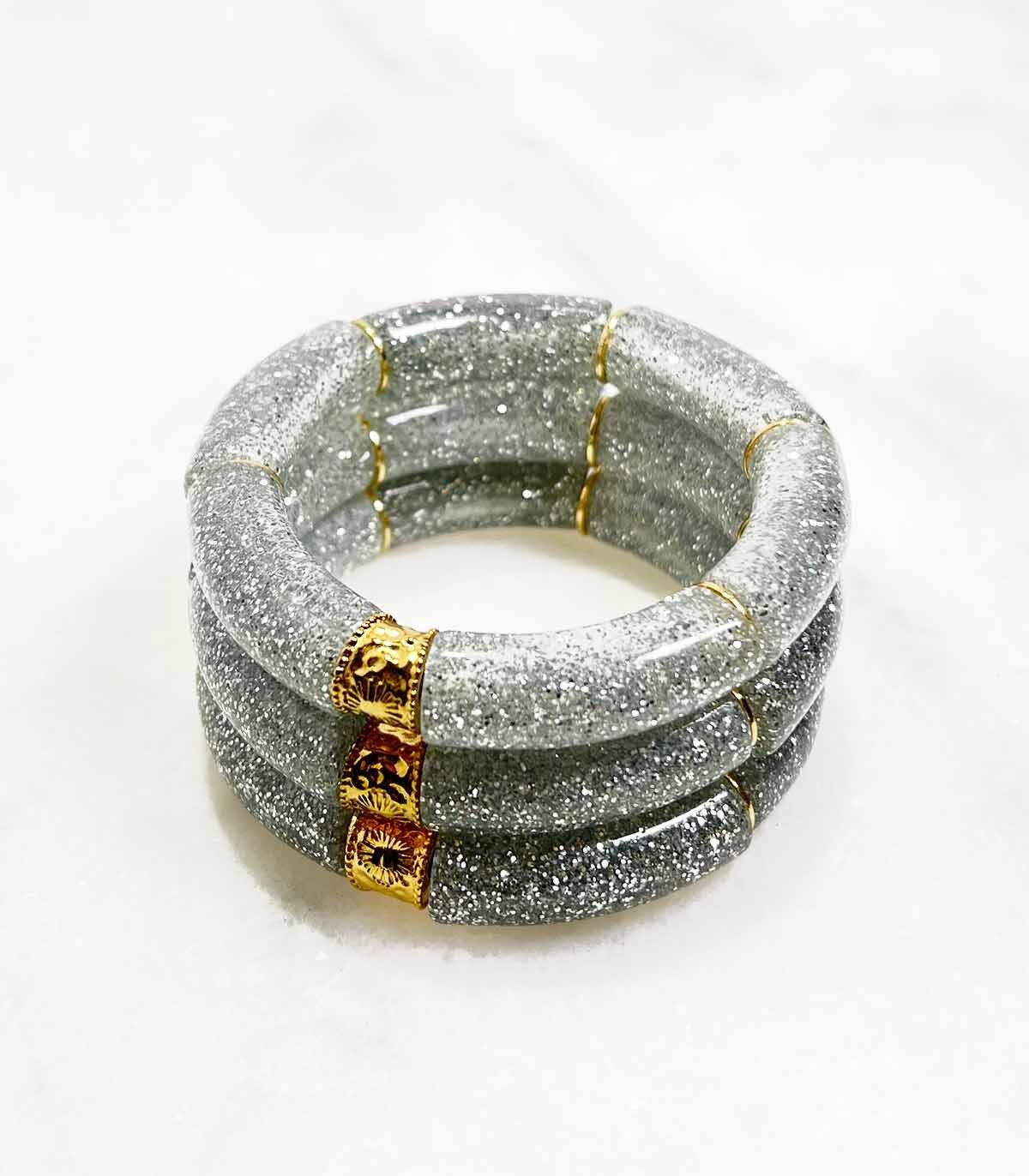 Bracciale tubolare in acrilico su elastico - Glitter argento completo