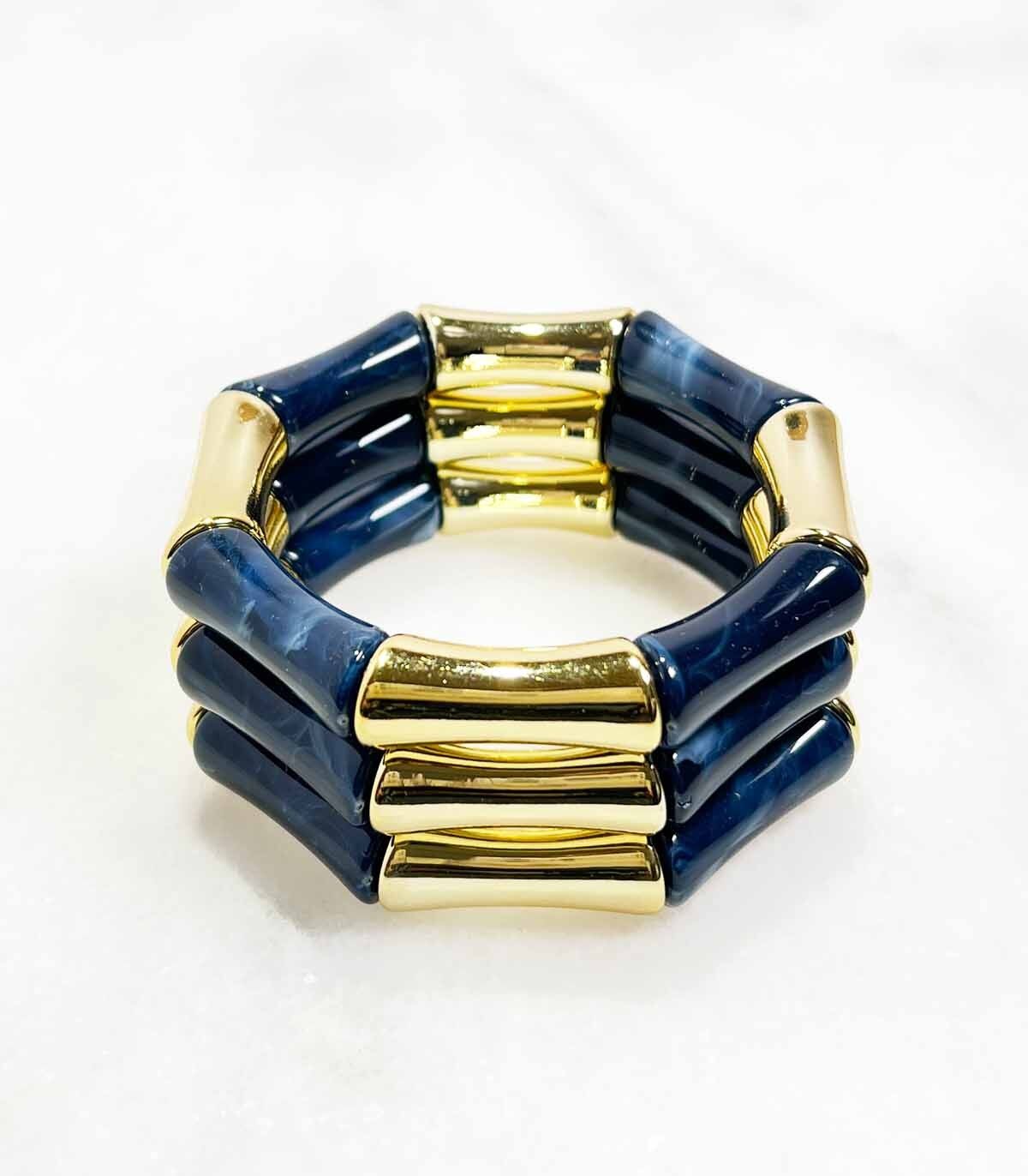 Bracciale tubolare in acrilico con elastico - Oro, Blu notte