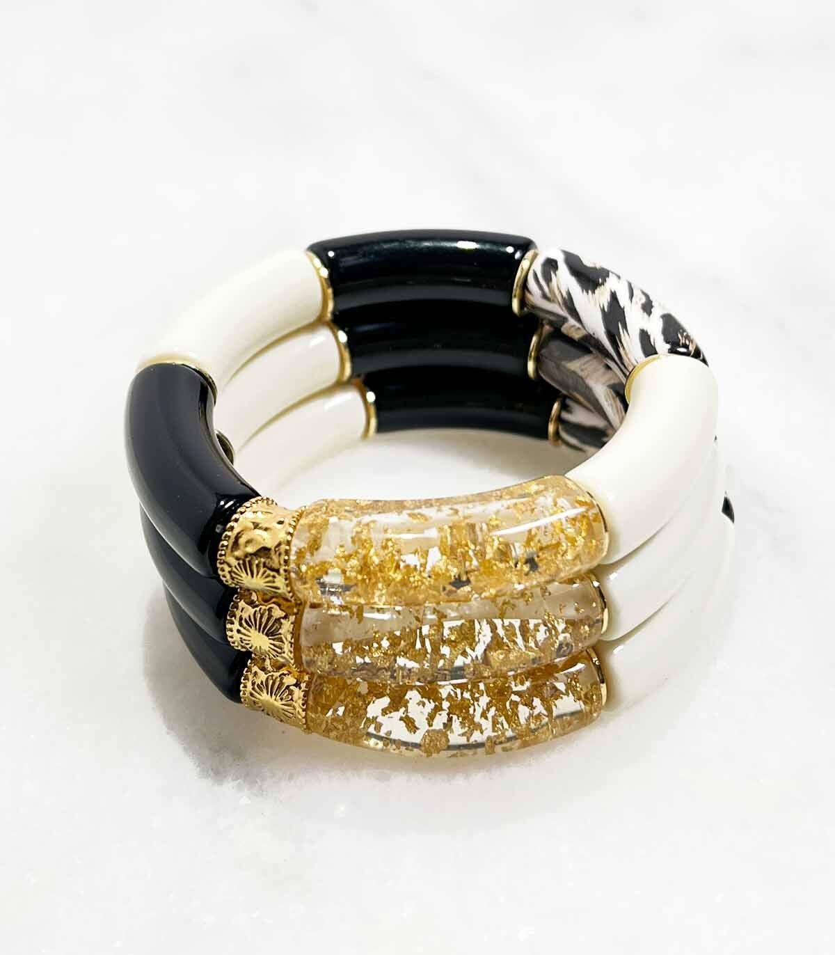 Pulsera de tubo acrílico sobre elástico - Leopardo Negro Marfil y Pan de Oro