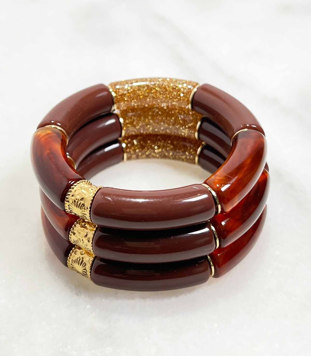 Bracciale tubolare in acrilico con elastico - Ambra, cioccolato e foglia d'oro