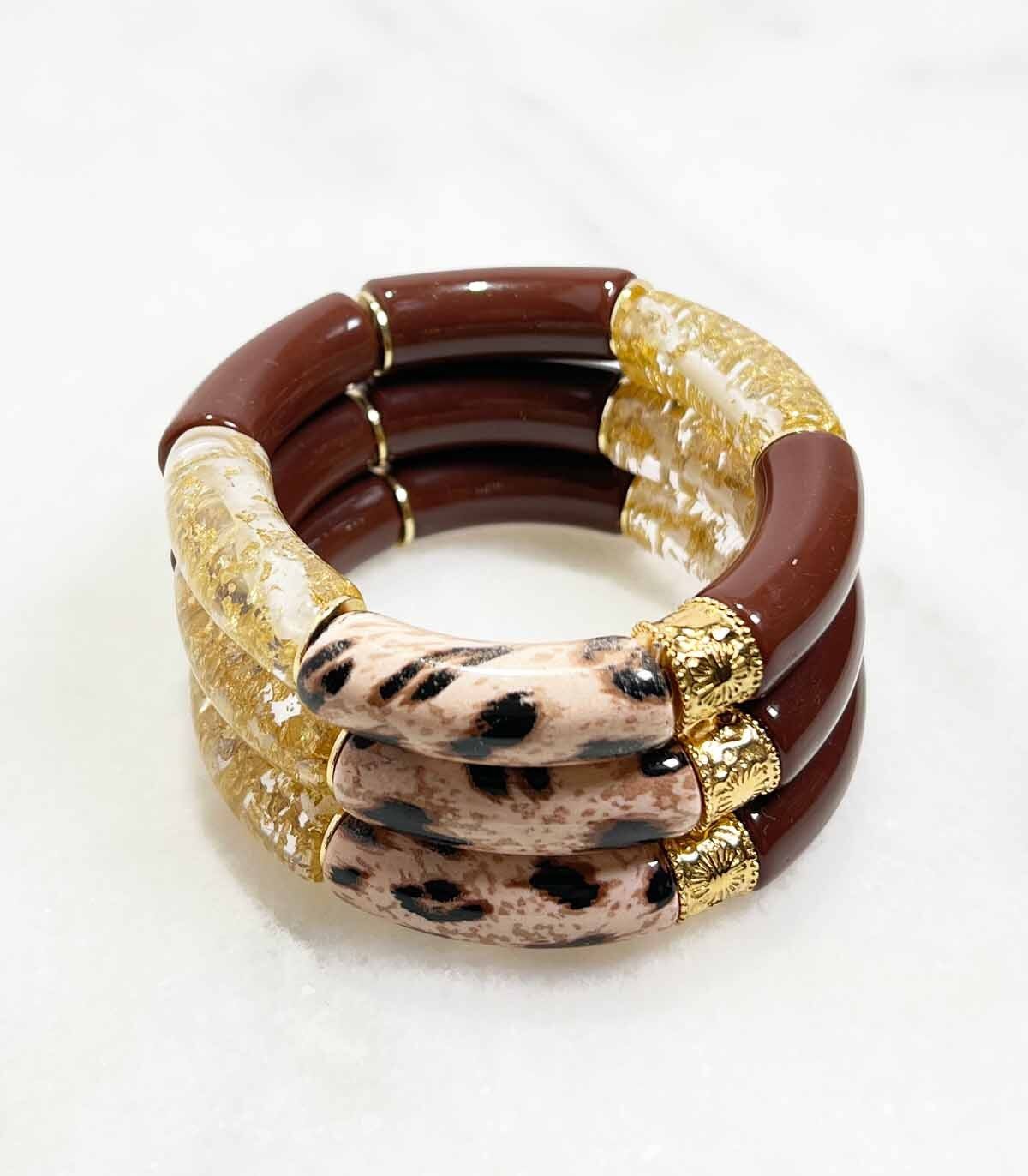 Bracciale tubolare in acrilico con elastico - Leopardo cioccolato e foglia d'oro