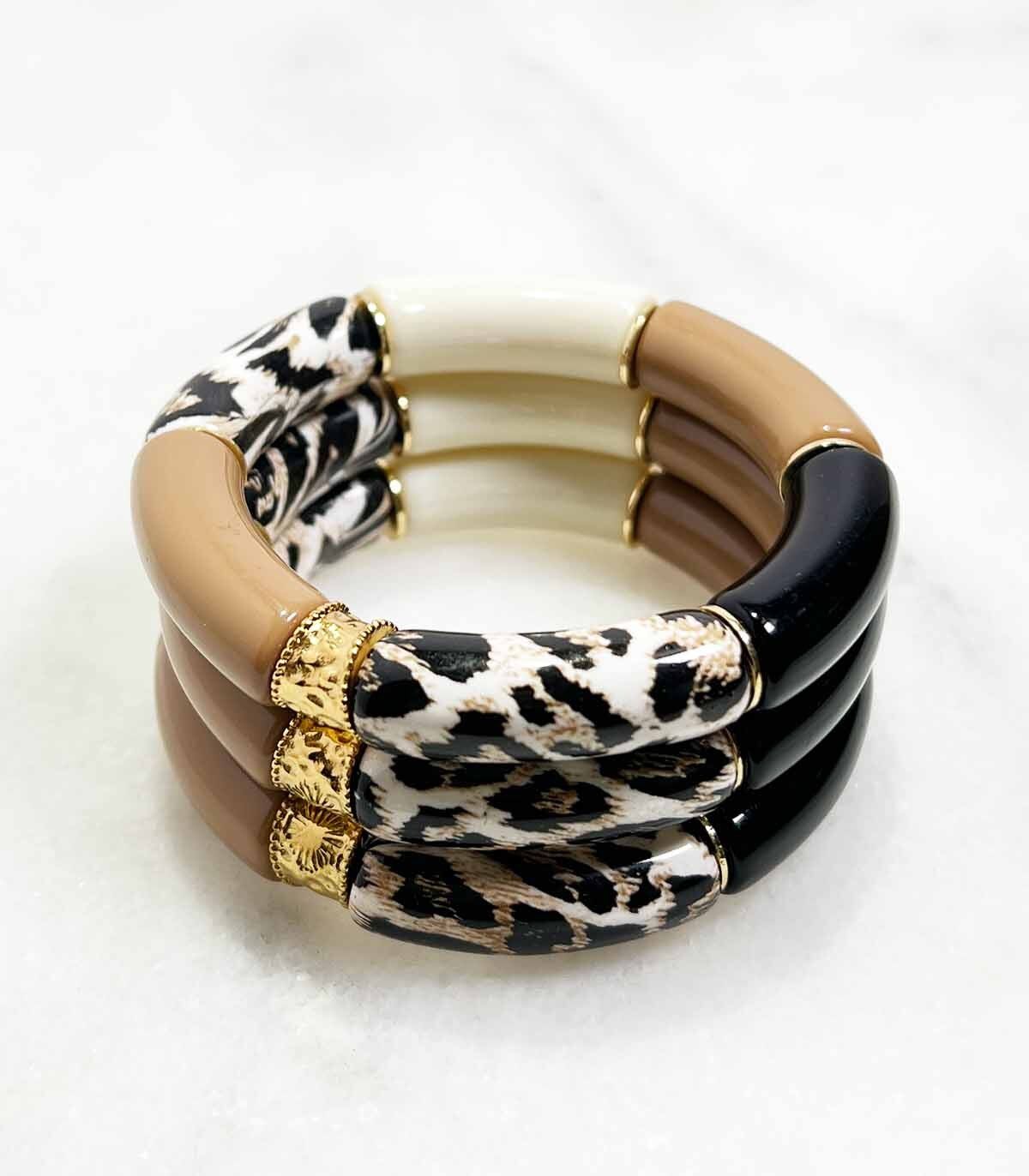 Bracelet tube acrylique sur élastique - Léopard Beige Ivoire et Noir