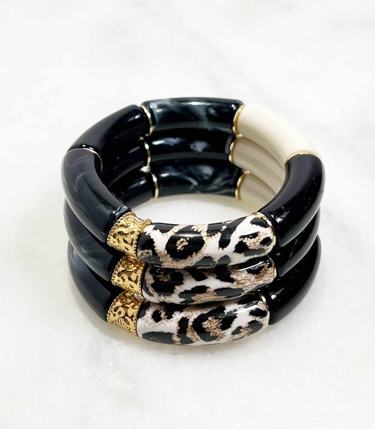 Bracelet tube acrylique sur élastique - Léopard Ivoire et Noir