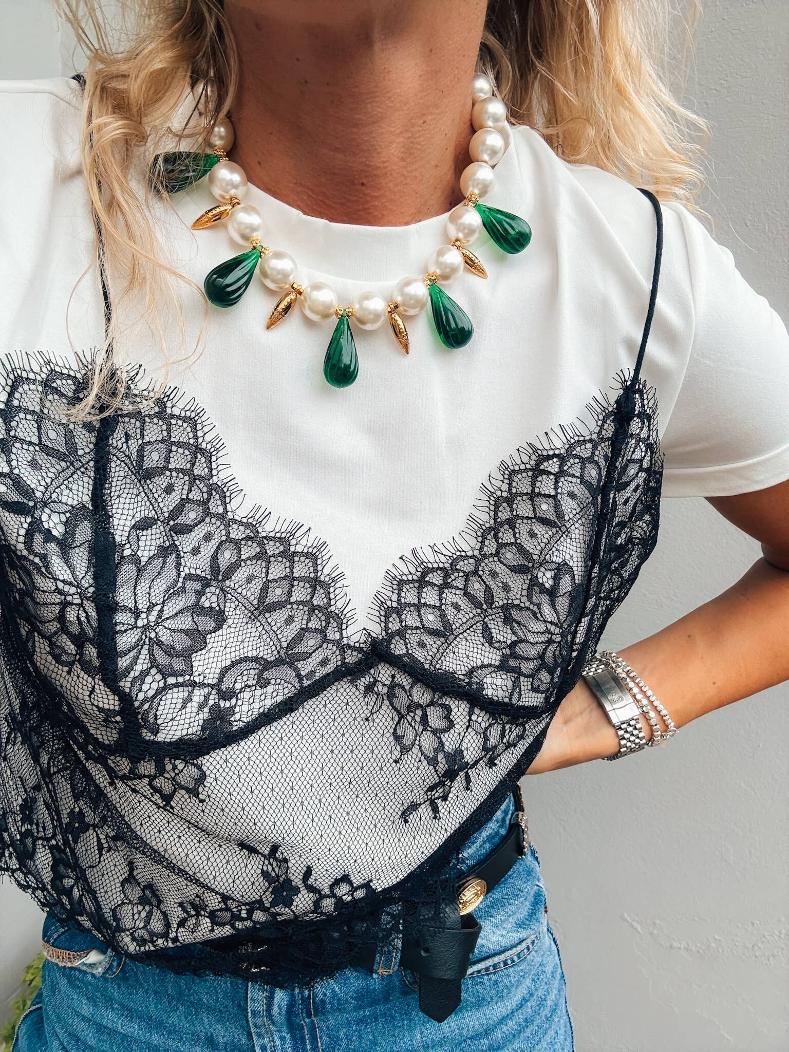 Statement Pearl Necklace with Green Teardrops & Gold Accents