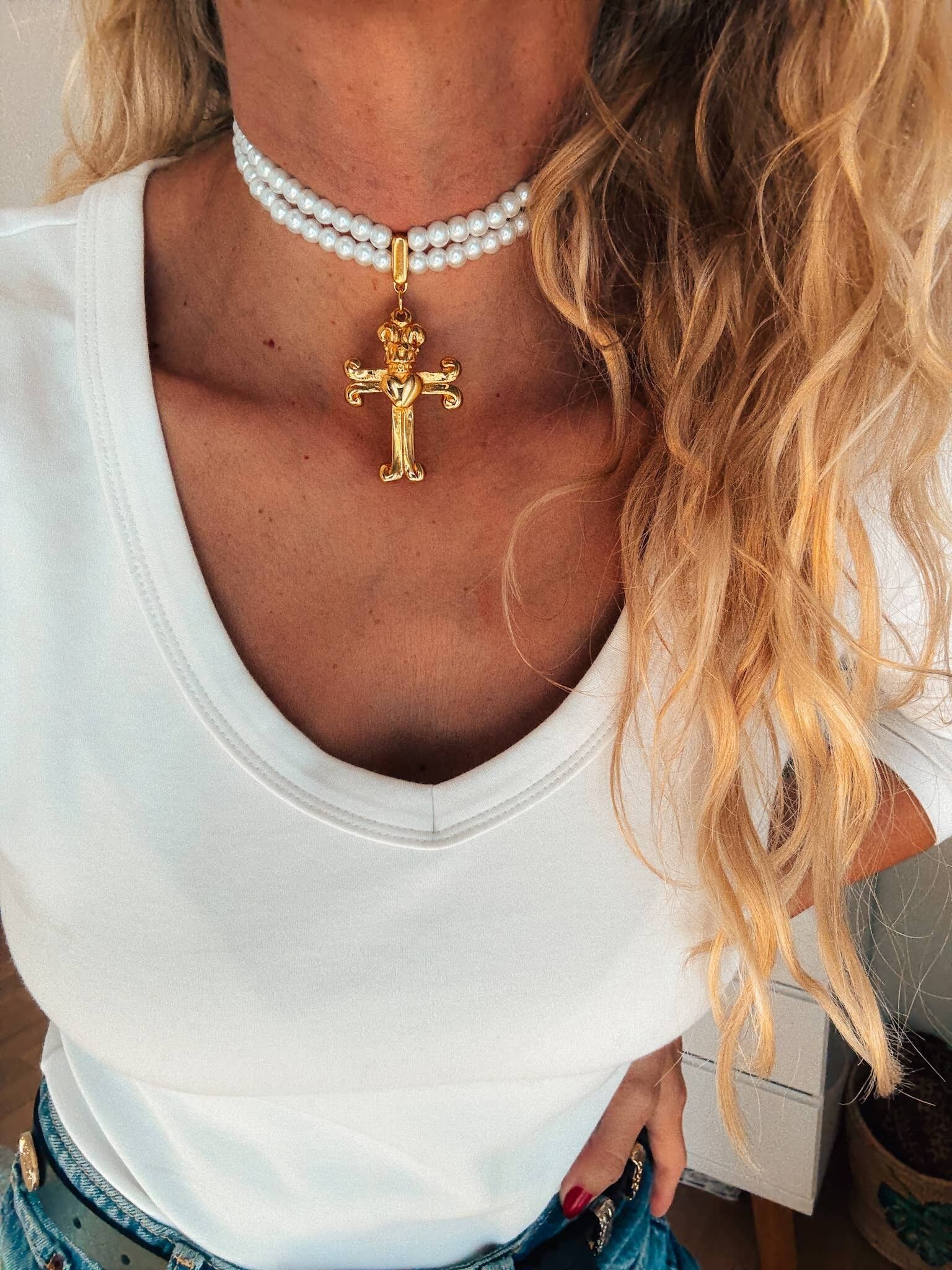 Gold Cross Pendant,Baroque Style double pearl choker
