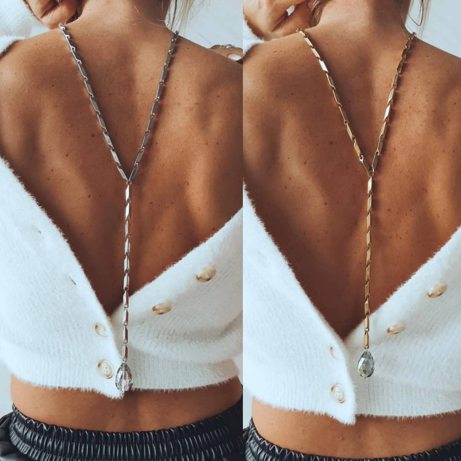 Catena Lariat in acciaio diamantato in argento e oro