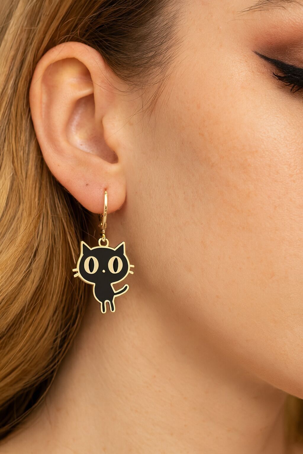 Cat Earrings, Enamel Charm