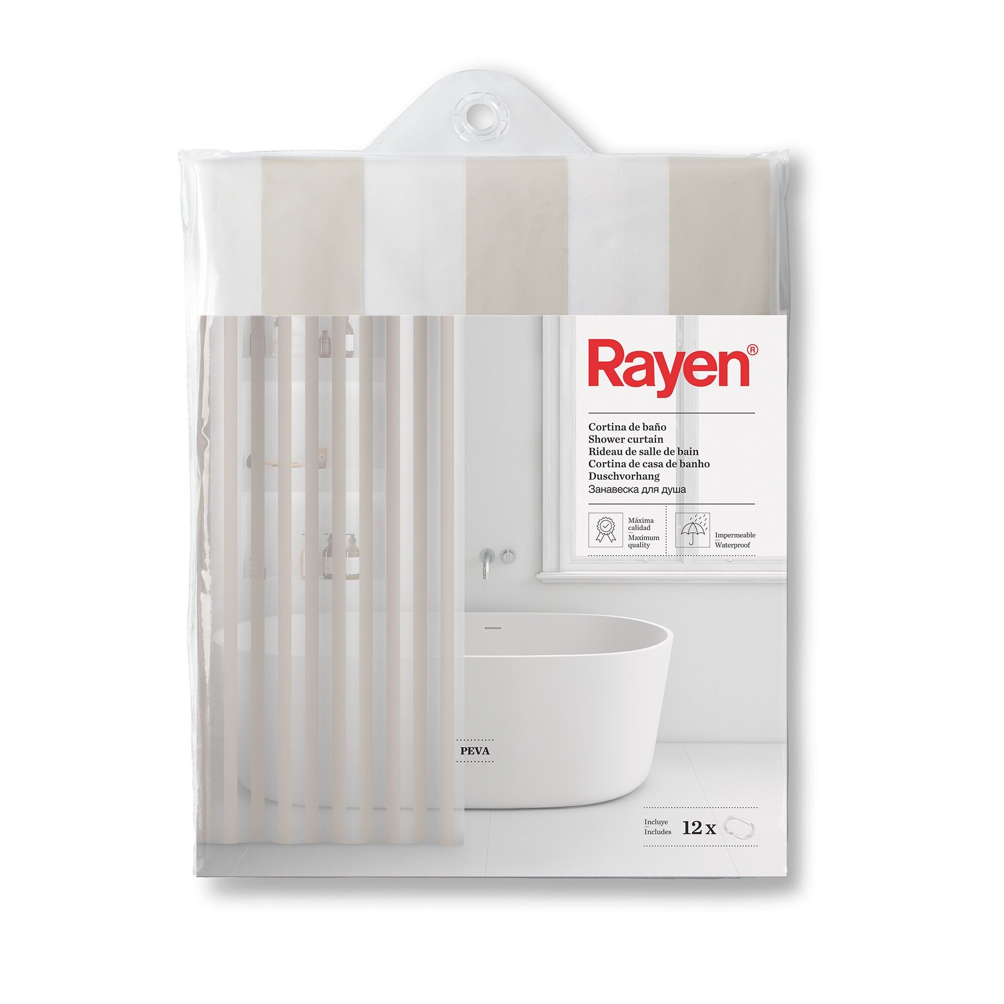 Rayen | Cortinas de ducha | Cortinas para ducha o bañera | Impermeables | PVA | Translúcidas | Anillas de PVC | Incluye 12 ganchos | 180 x 200 cm | Rayas beige y transparentes