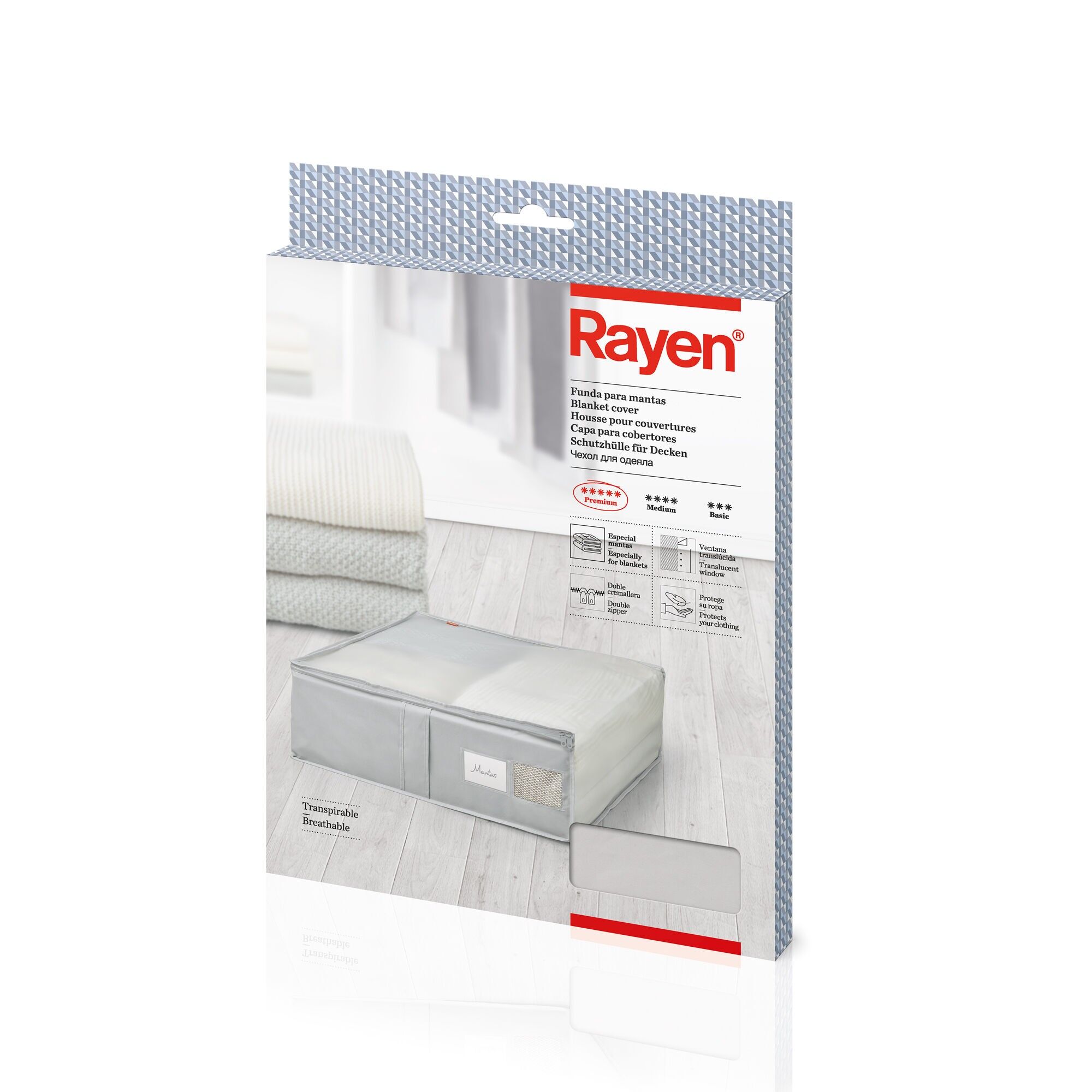 Caja de almacenaje para ropa de cama Rayen. Bolsa de Tela para Ropa con Cremallera, Ventilación Transpirable, Plegable y Resistente, Poliéster, Gris Claro/Translúcido, 55 x 65 x 20 cm ,2363. 50