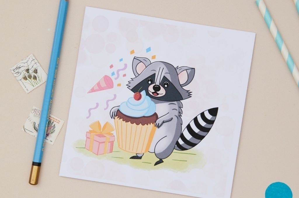 Biglietto di auguri per la festa di compleanno dei bambini a forma di procione