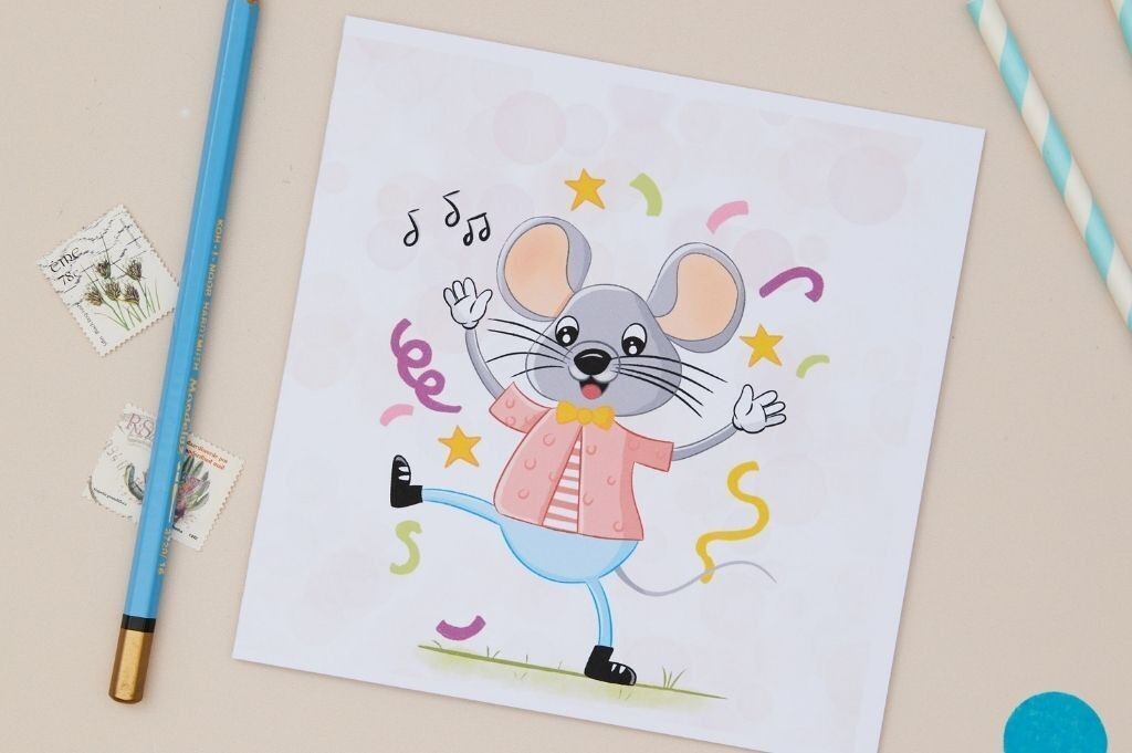 Biglietto di auguri per la festa di compleanno dei bambini a forma di topo