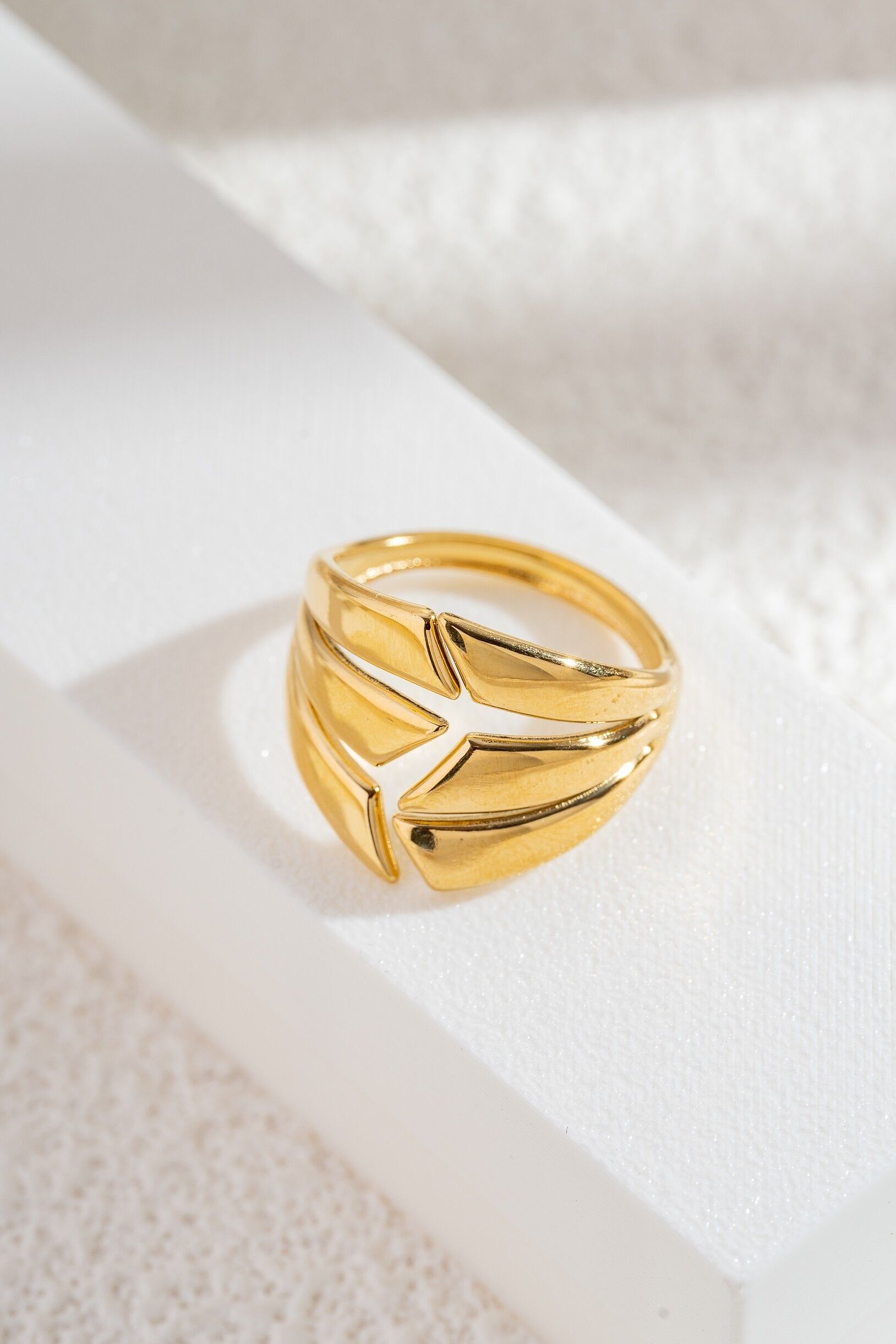 Stainless Steel Ring with Open Triangles – Gold, Geometric Design