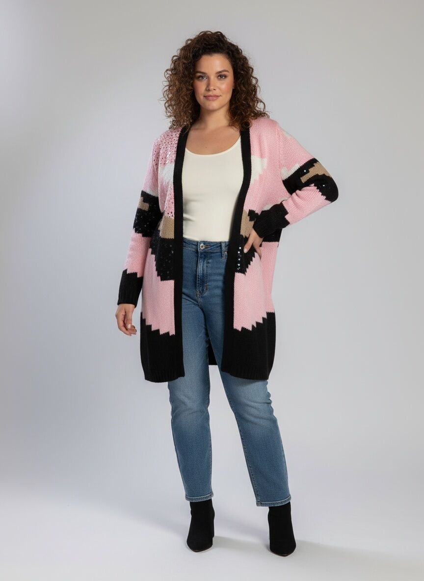 Gilet con paillettes color block rosa taglie forti (JX080)