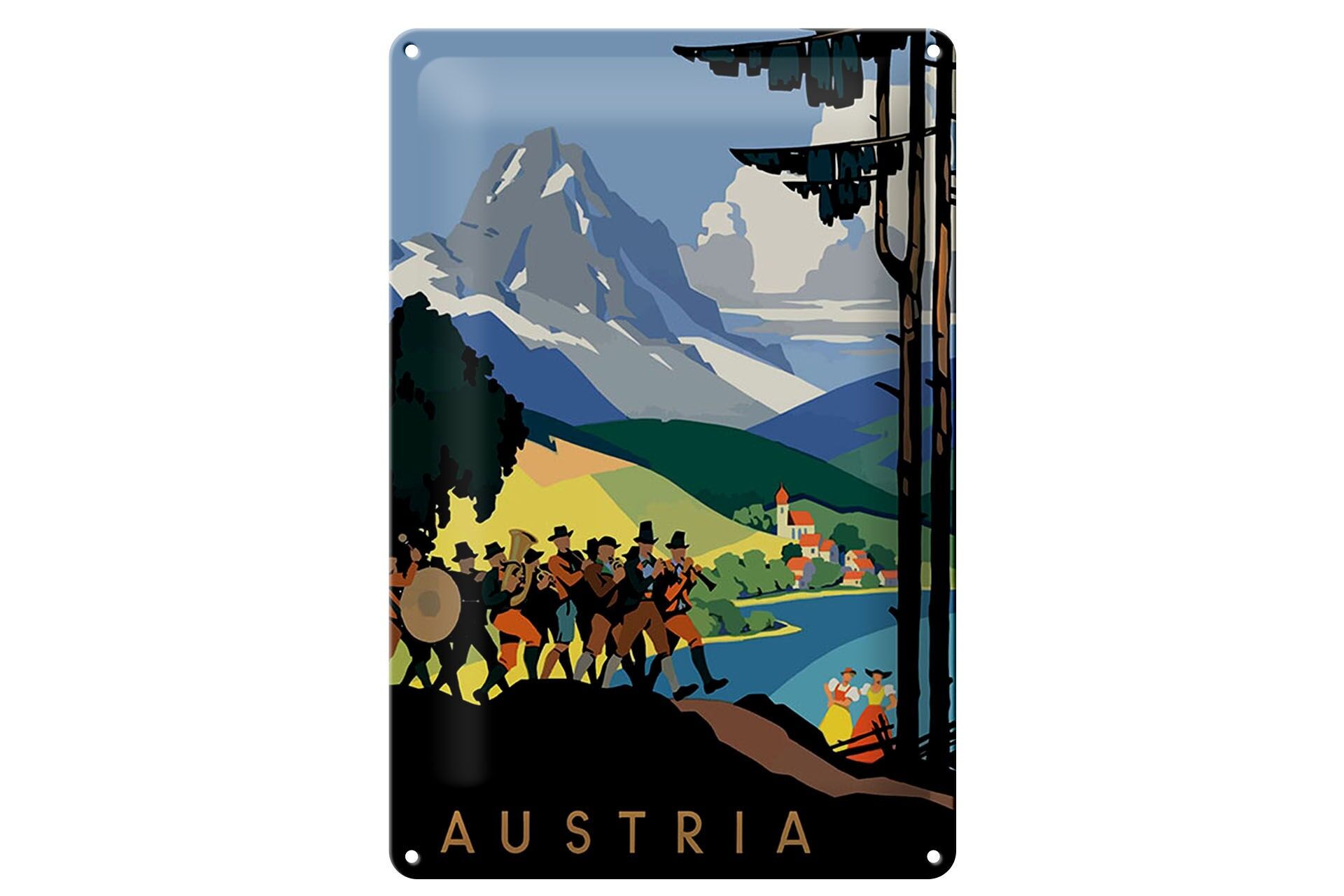 Blechschild Reise 20x30 cm Österreich Austria Berge Blasmusiker Deko Schild