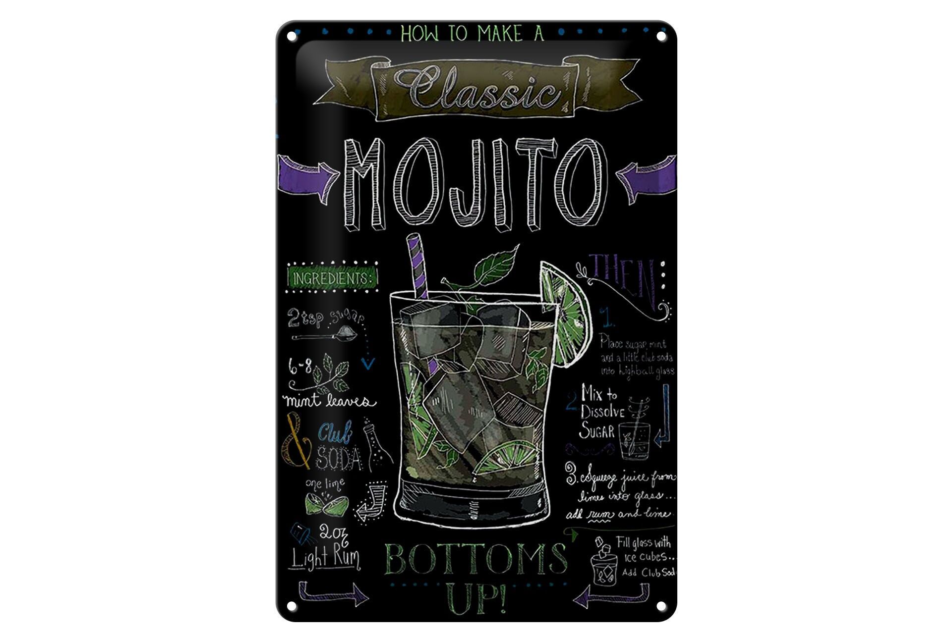 Blechschild Cocktail 20x30 cm Classic Mojito Rezept Tafeloptik Deko Schild
