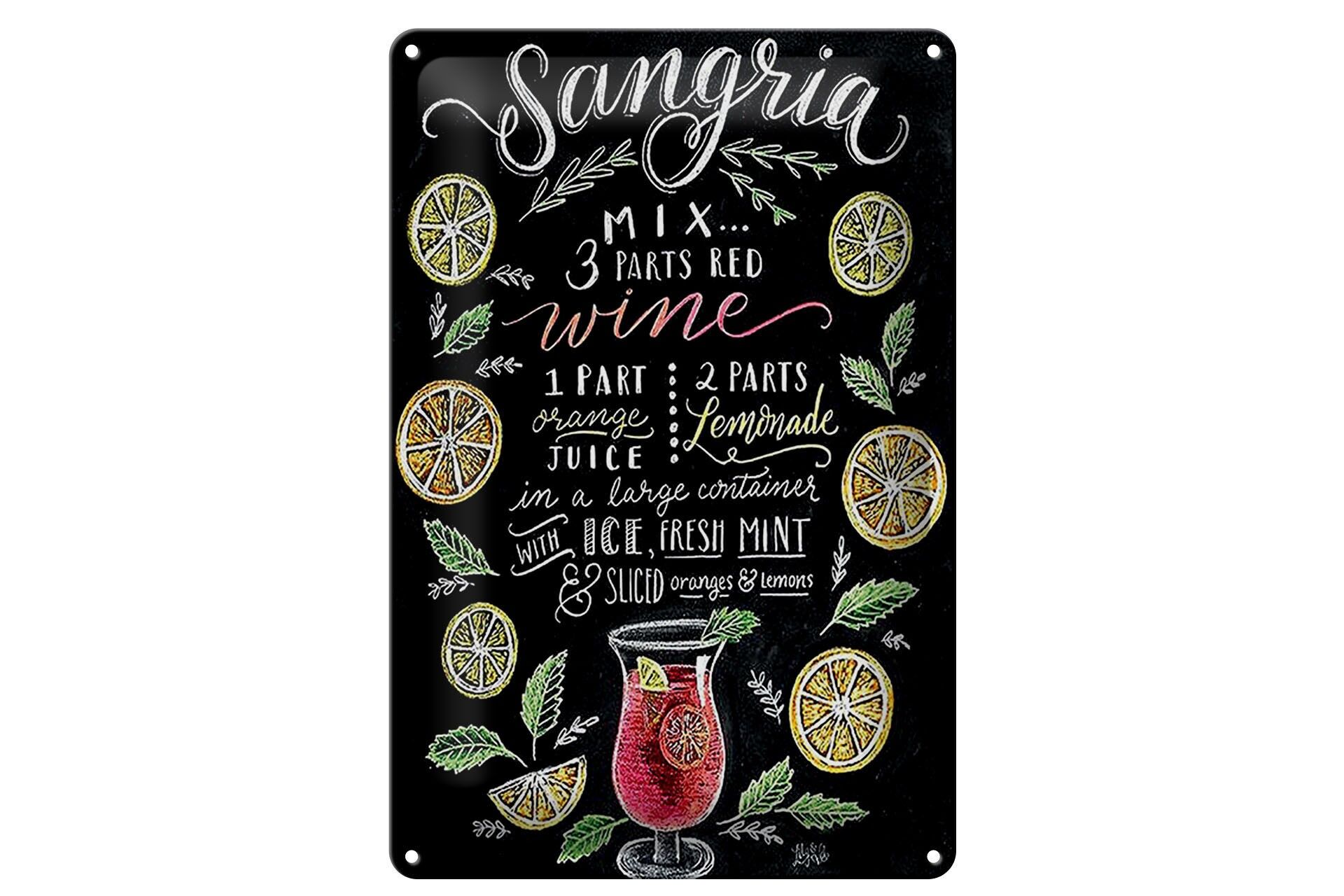 Blechschild Cocktail 20x30 cm Sangria Rezept Tafeloptik Deko Schild