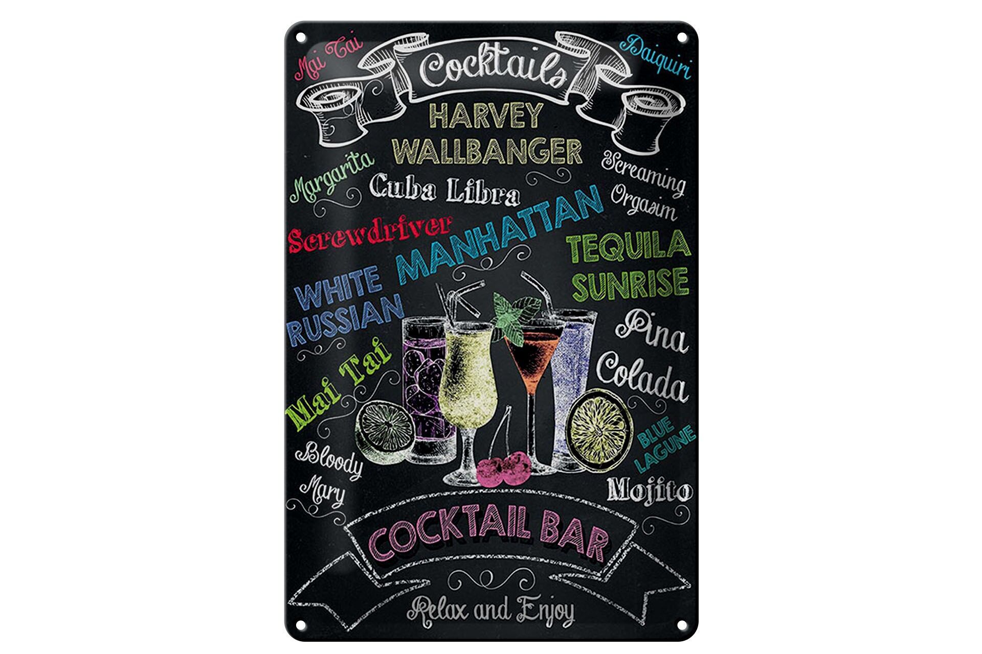 Blechschild Cocktail 20x30 cm Verschieden Cocktails Tafeloptik Deko Schild