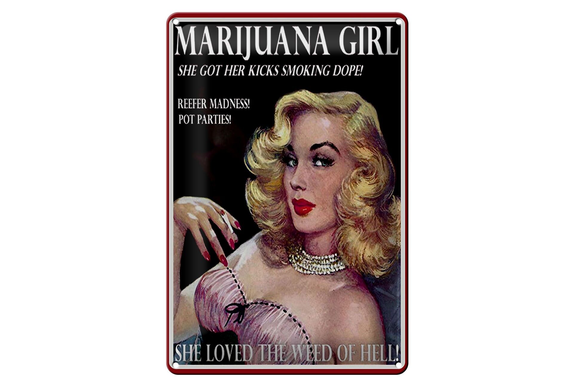Blechschild Spruch 20x30 cm Marijuana Girl loved the weed of hell Deko Schild