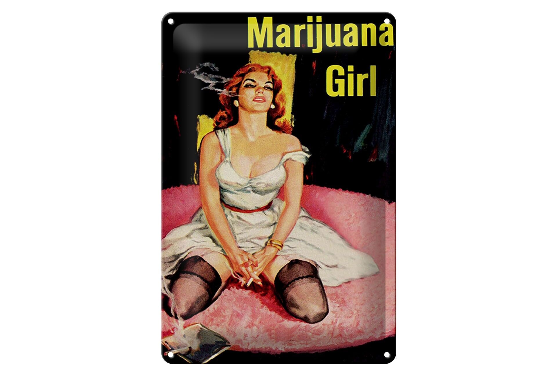 Blechschild Spruch 20x30 cm Marijuana Girl auf rosa Teppich Deko Schild