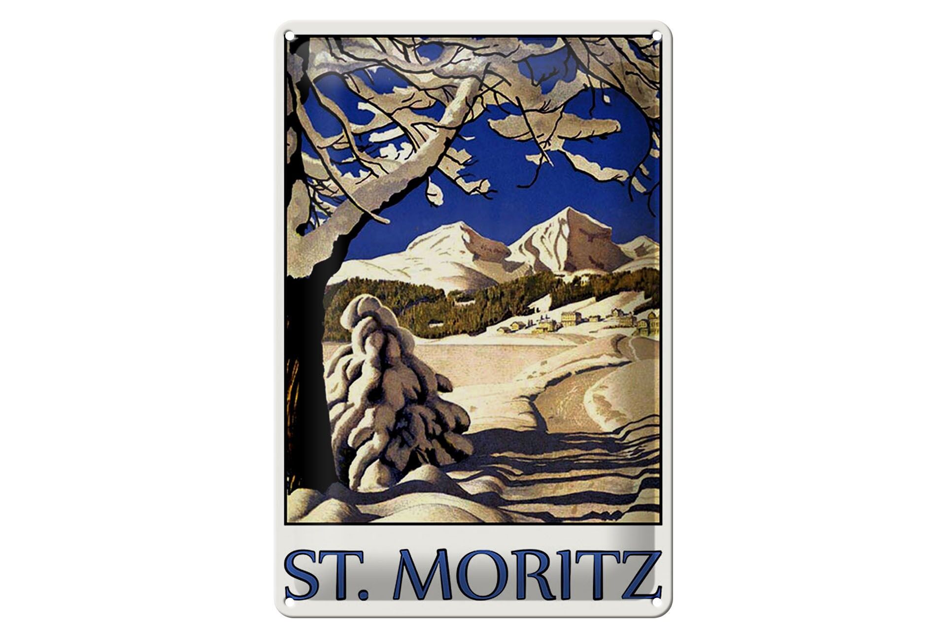 Blechschild Reise 20x30 cm St. Moritz Bäume Schnee Berge Deko Schild