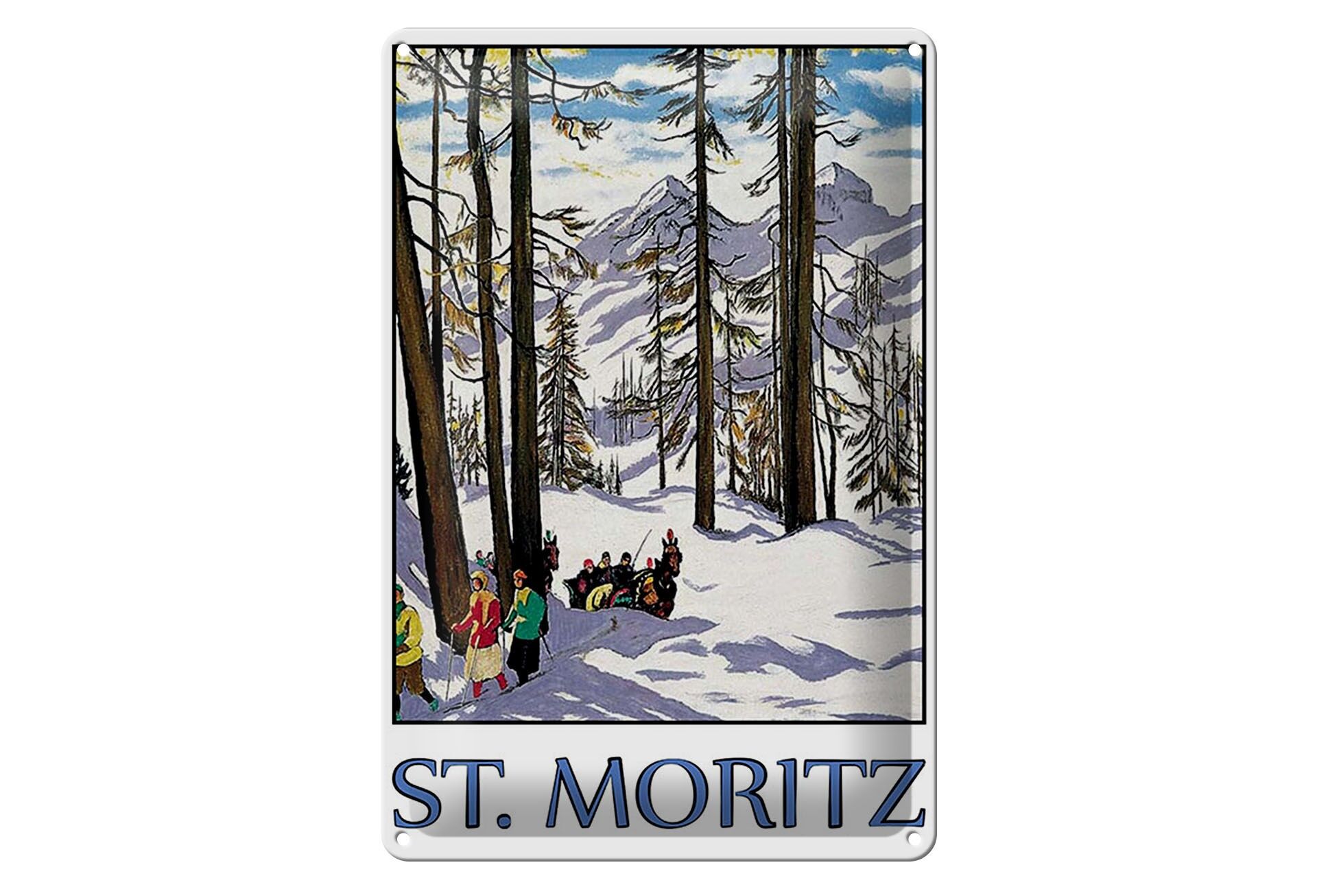Blechschild Reise 20x30 cm St. Moritz Skiläufer Kutsche Schnee Deko Schild