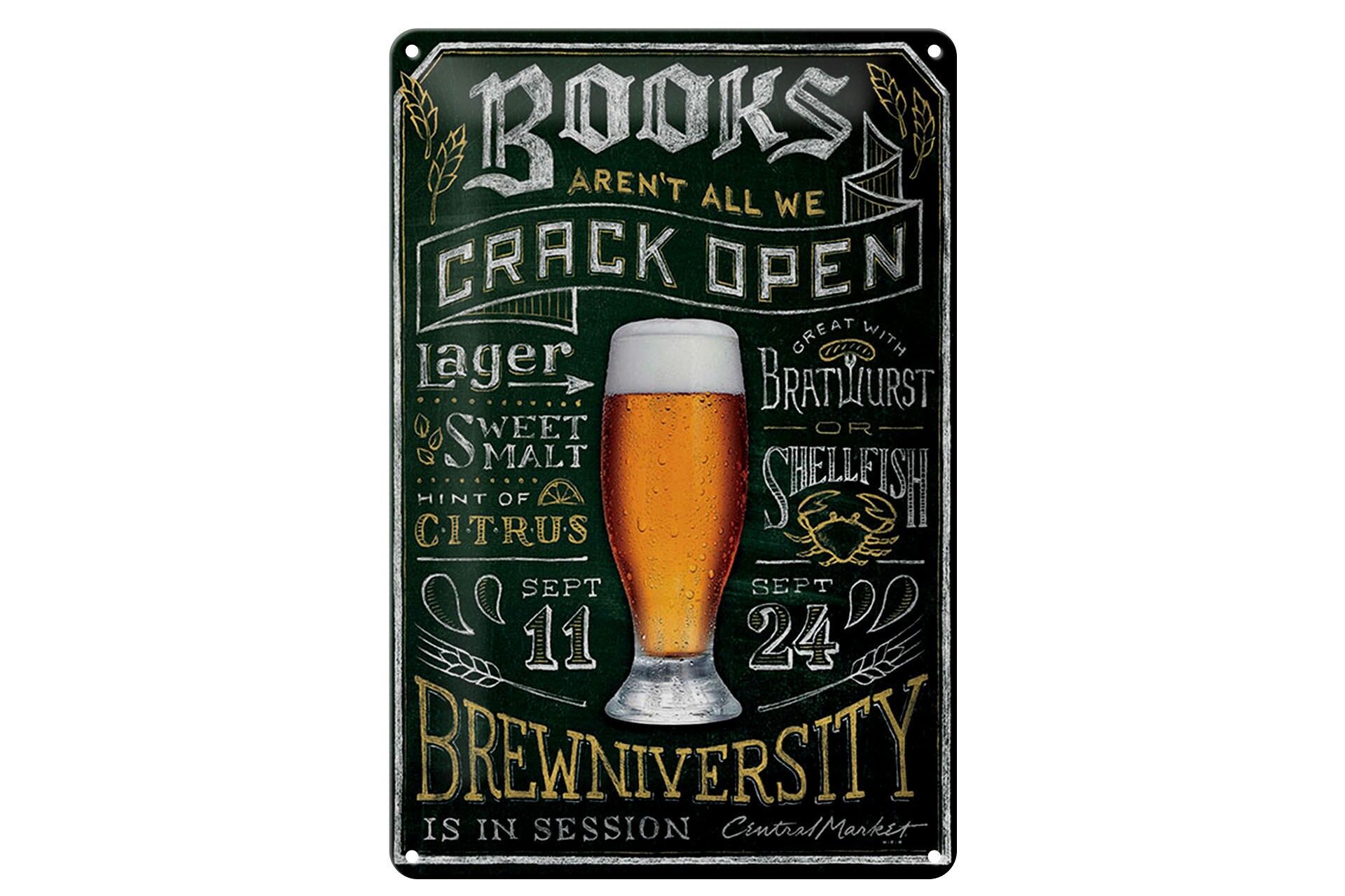Blechschild Alkohol 20x30 cm books arent we crack open Bier Brewniversity Deko