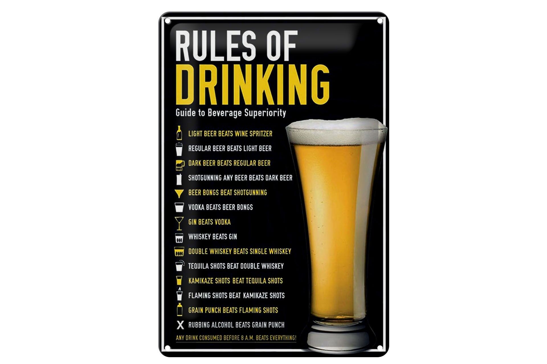 Plaque métallique « Alcool » 20 x 30 cm, Règles de consommation d'alcool, Panneau décoratif pour verre à bière