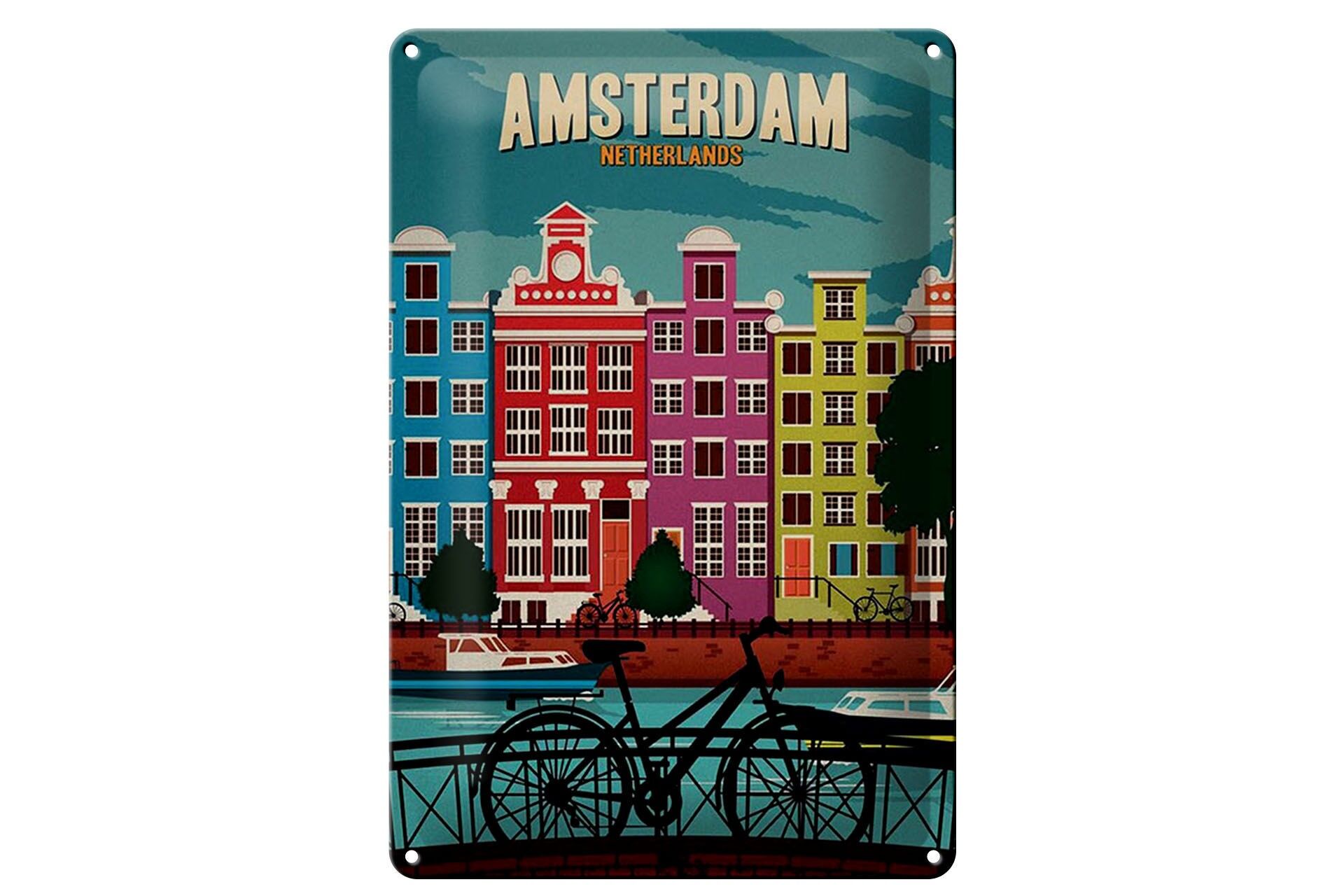 Blechschild Reise 20x30 cm Amsterdam Niederlande Fahrräder Wasser Deko Schild