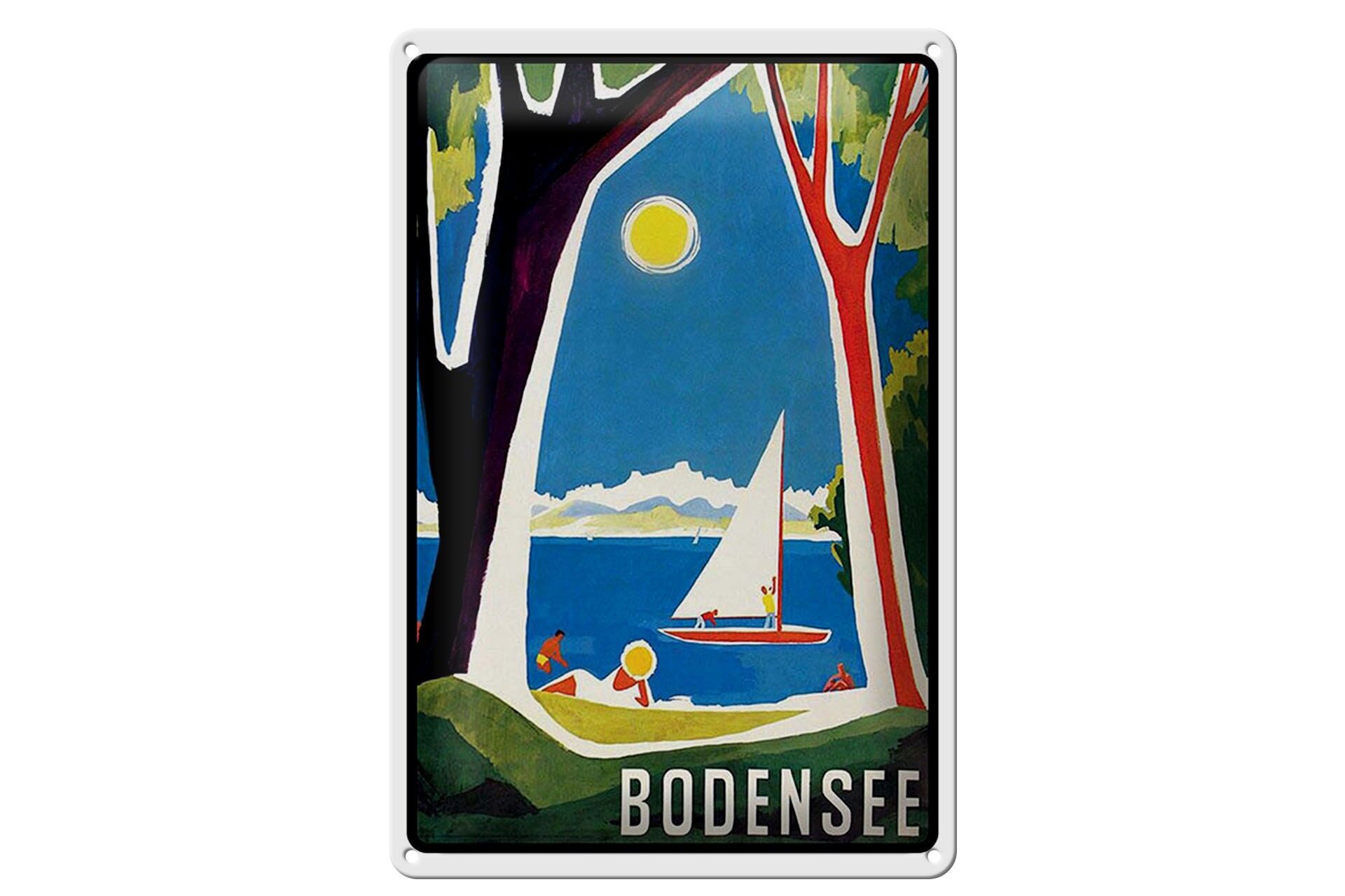 Blechschild Reise 20x30 cm Bodensee Segelboot Bäume Deko Schild