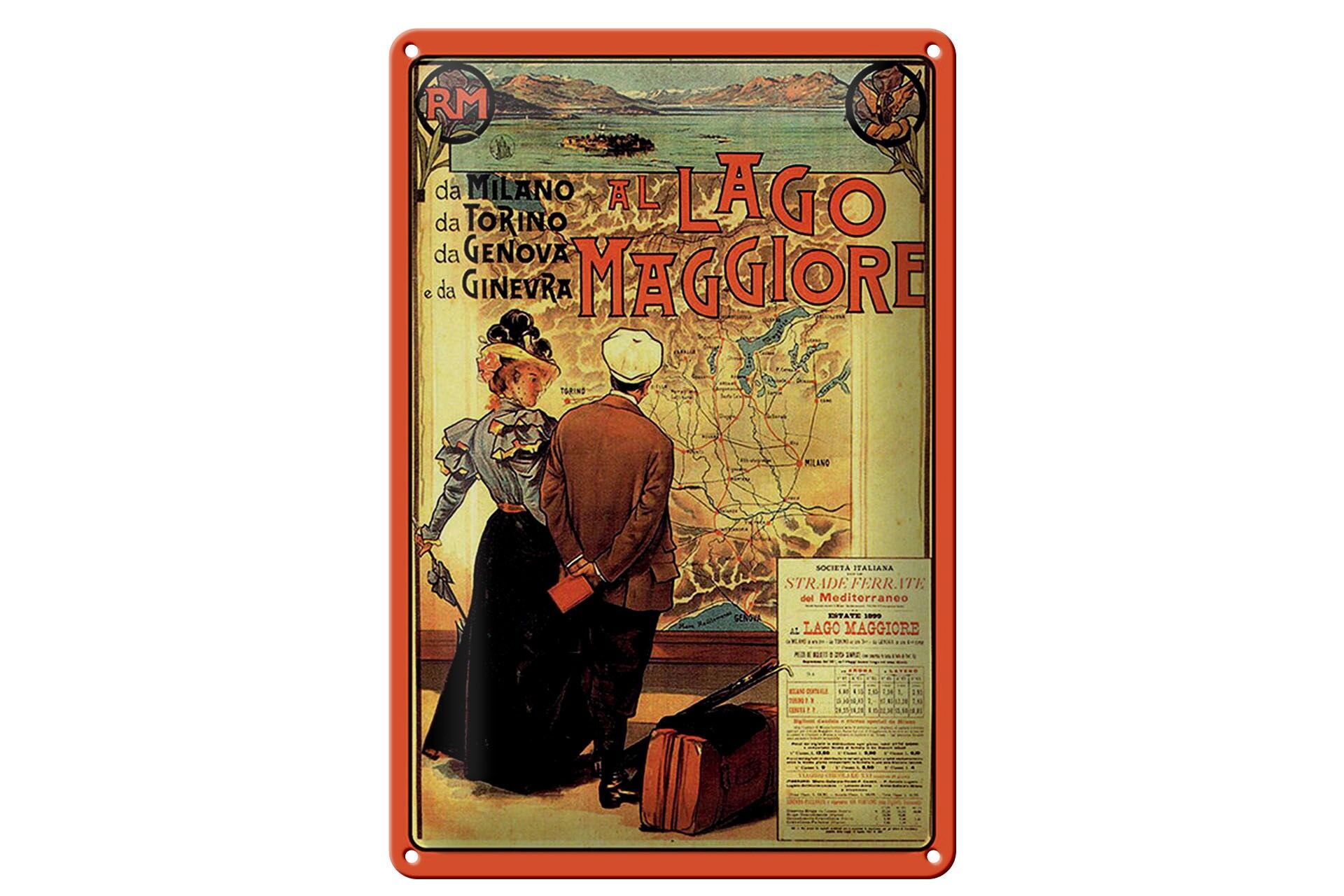 Blechschild Reise 20x30 cm Largo Maggirore Retro Landkarte Deko Schild
