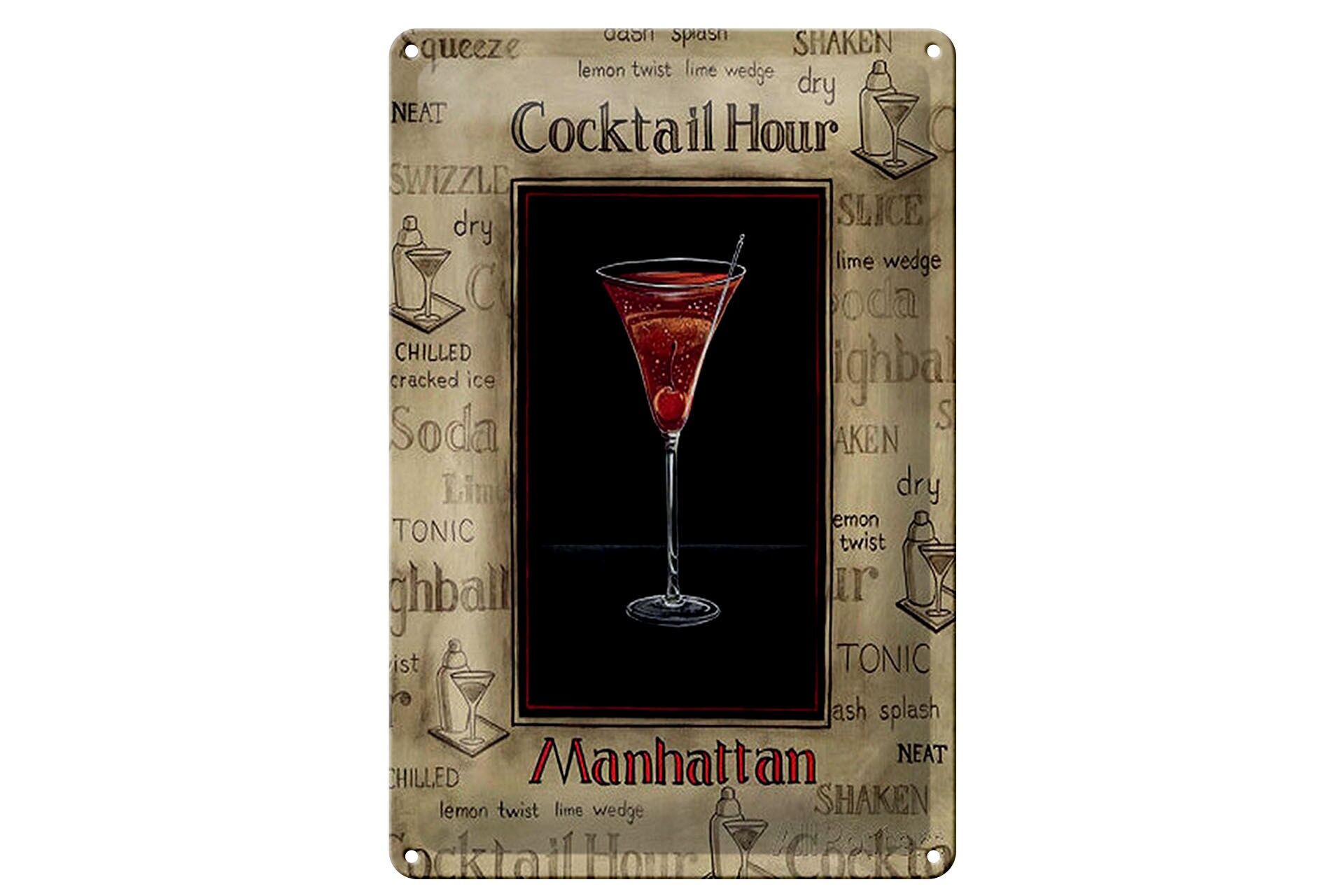 Blechschild Alkohol 20x30 cm Cocktail hour Manhatten Glas Deko Schild