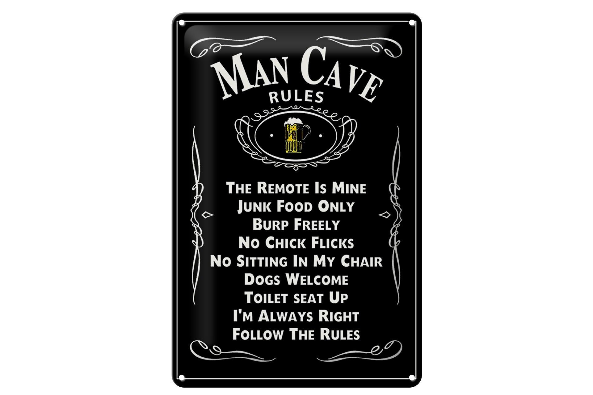 Blechschild Spruch 20x30 cm Man Cave rules Bierglas Deko Schild