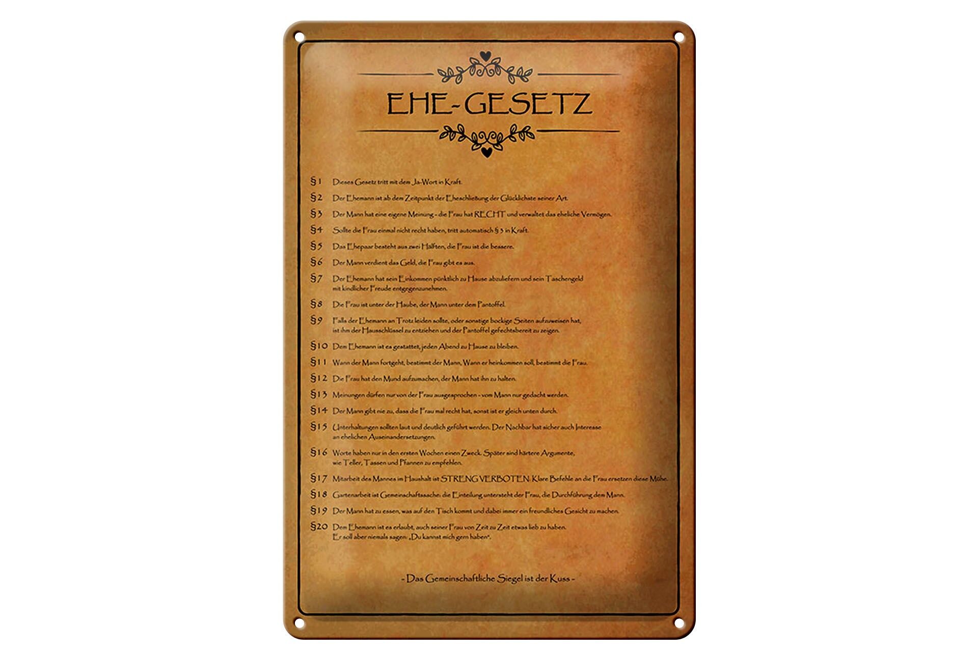 Blechschild Spruch 20x30 cm Ehe Gesetz Deko Schild