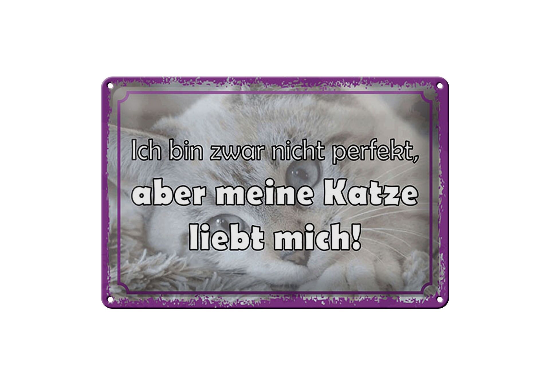Blechschild Spruch 20x30 cm nicht perfekt aber meine Katze liebt mich Schild