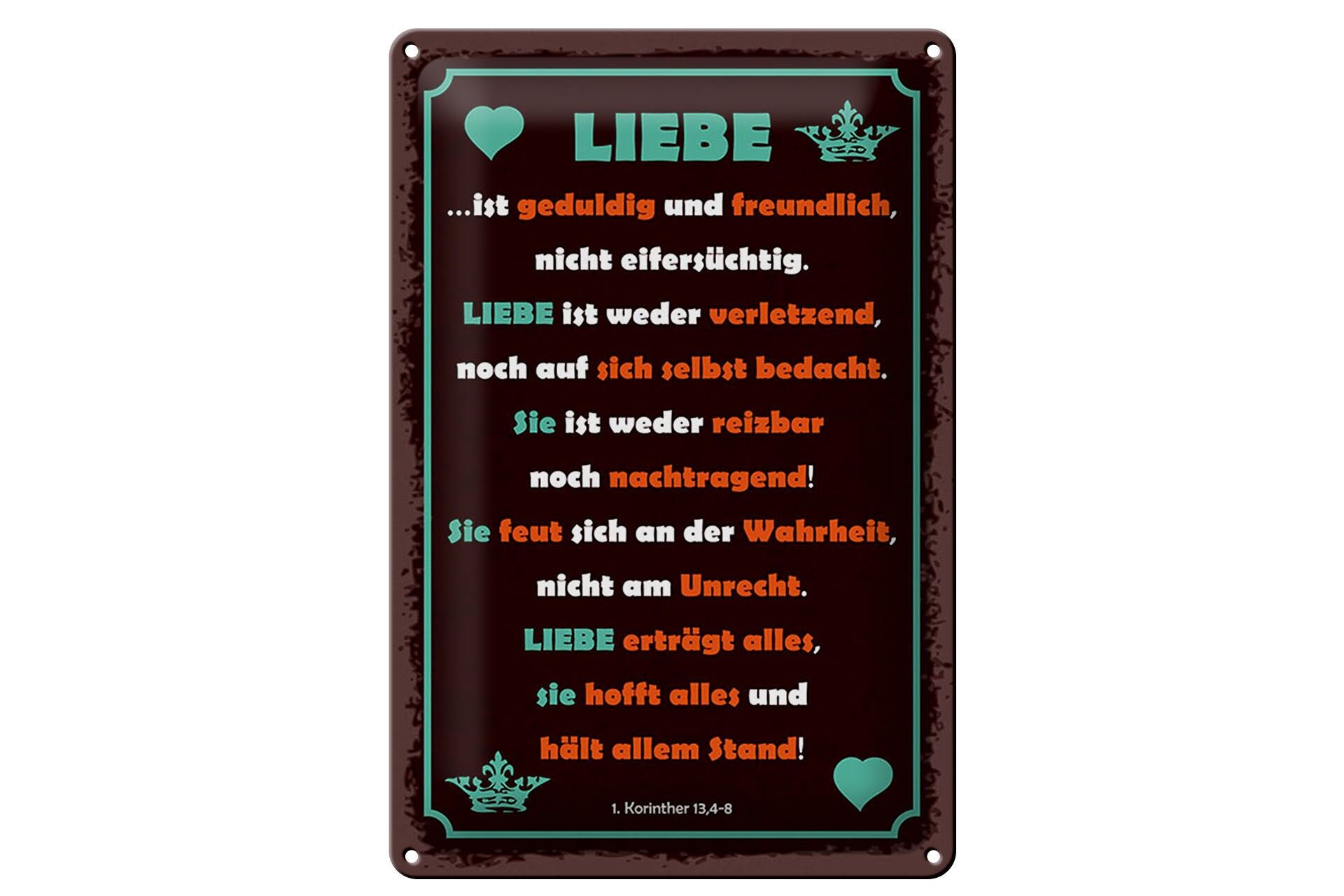 Blechschild Spruch 20x30 cm Liebe ist geduldig und freundlich Deko Schild