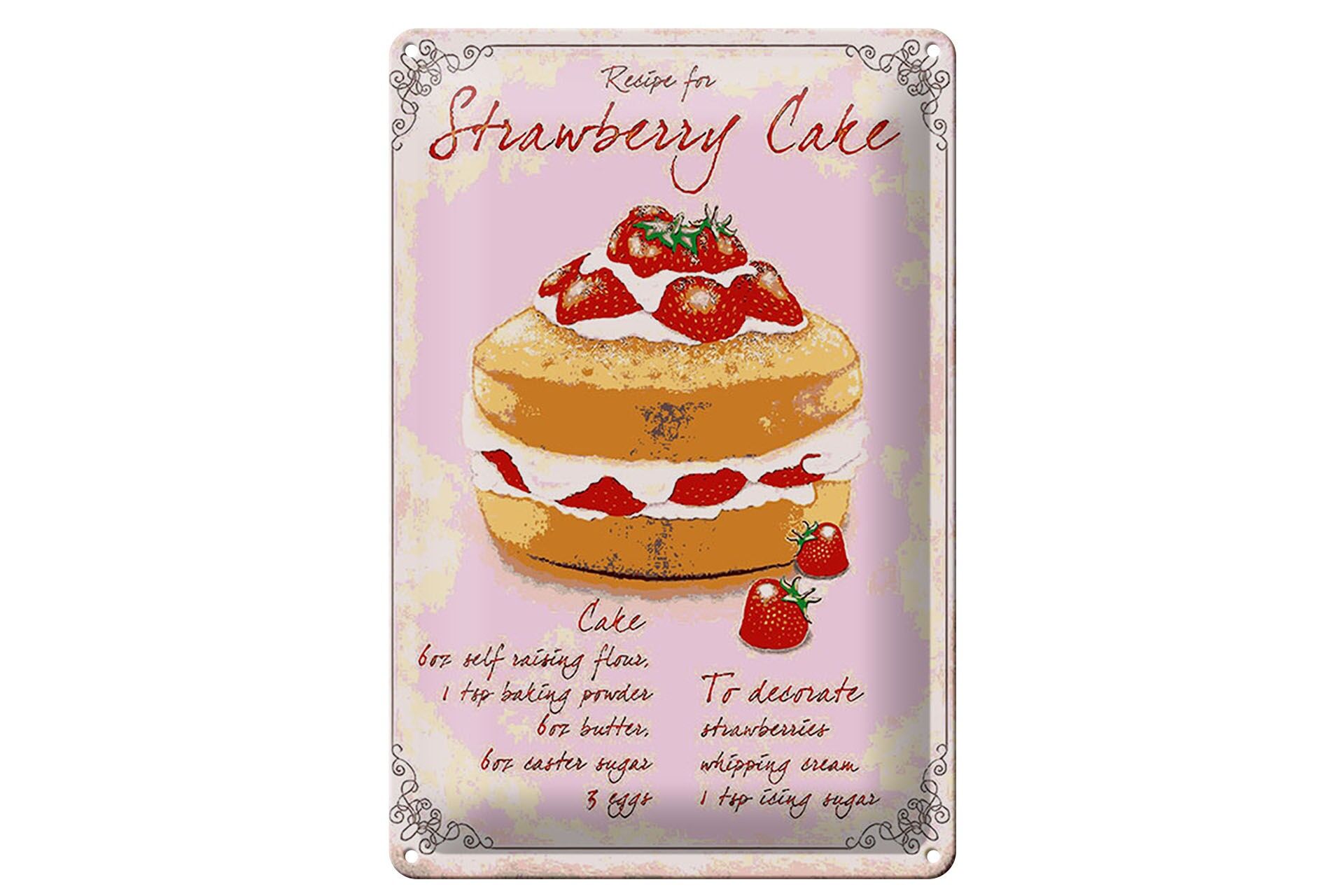 Blechschild Backen 20x30 cm Rezept Strawberry cake Deko Schild