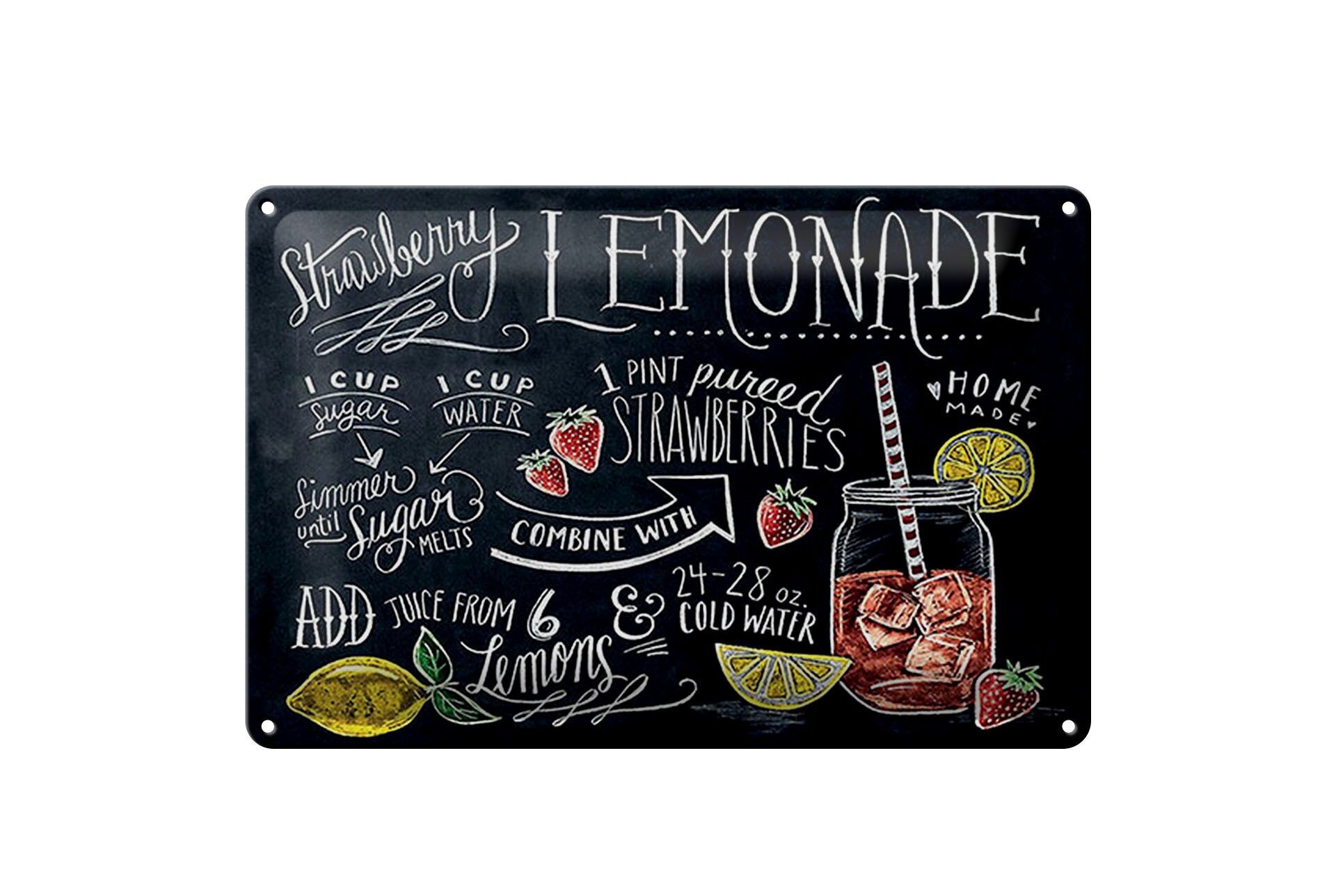 Blechschild Hinweis 20x30 cm Rezept Strawberry Lemonade Tafeloptik Deko