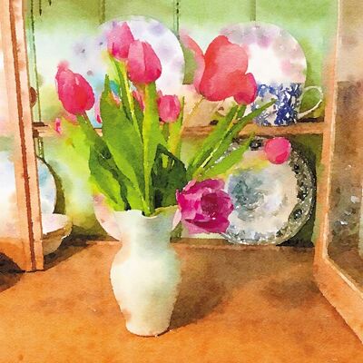 Minitarjeta tulipanes y porcelana 10cm