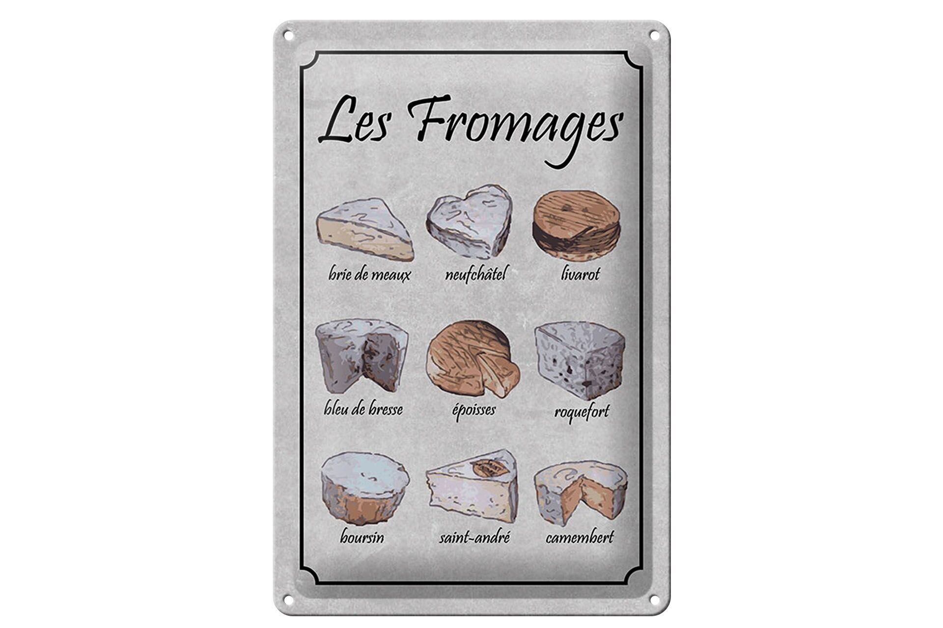 Blechschild Essen 20x30 cm 9 französische Käsesorten Les Fromages Deko Schild