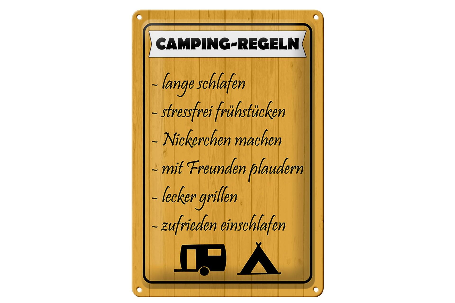 Blechschild Camping 20x30 cm Regeln Lange schlafen stressfrei Deko Schild