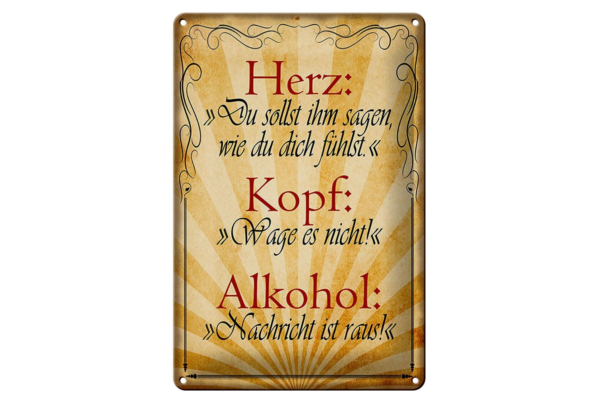 Cartello in metallo con scritta, 20x30 cm, cuore, testa, alcol, cartello decorativo