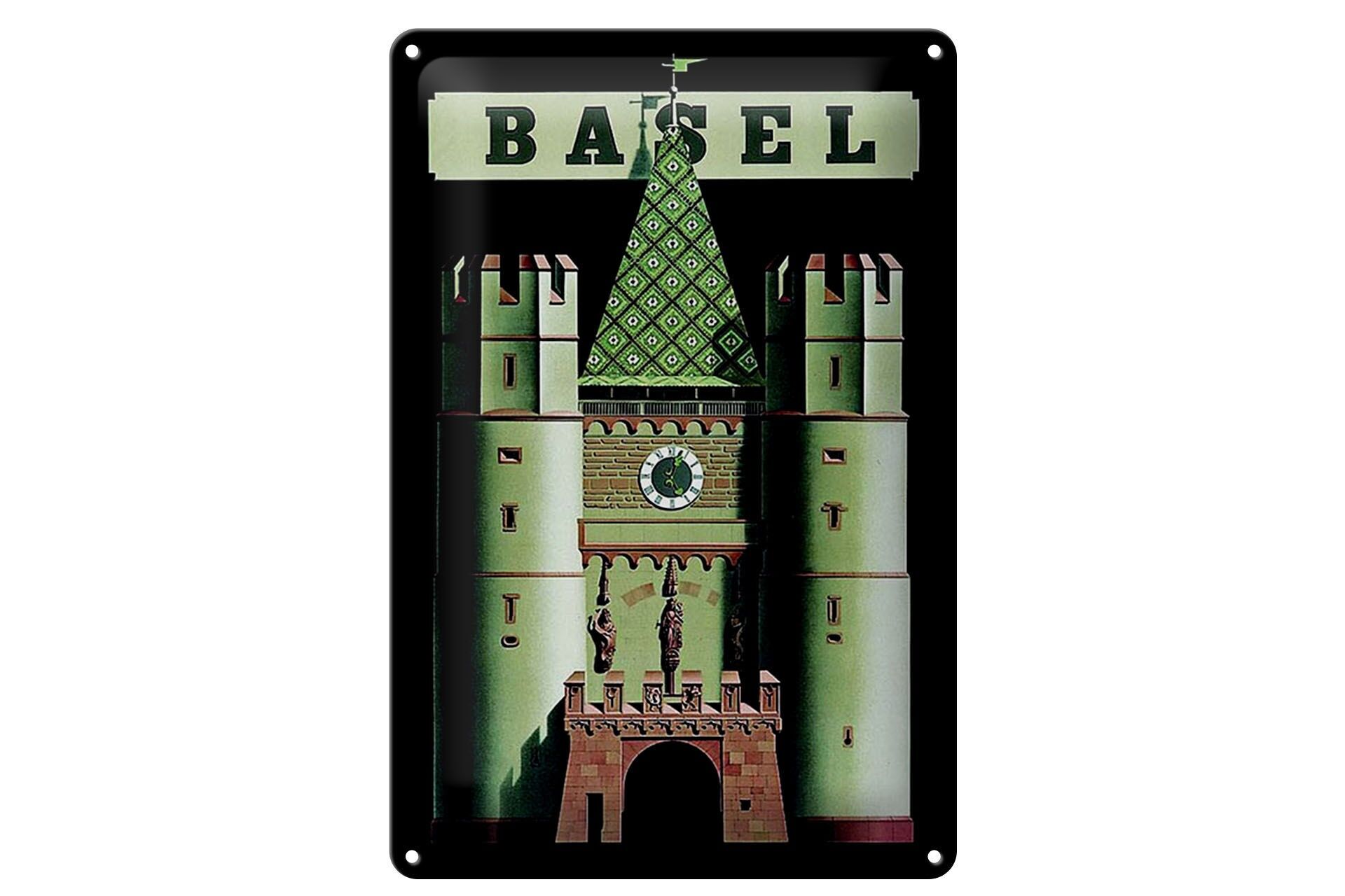 Cartello in metallo per viaggi, 20x30 cm, Basilea, Svizzera, porta della città con torre, cartello decorativo