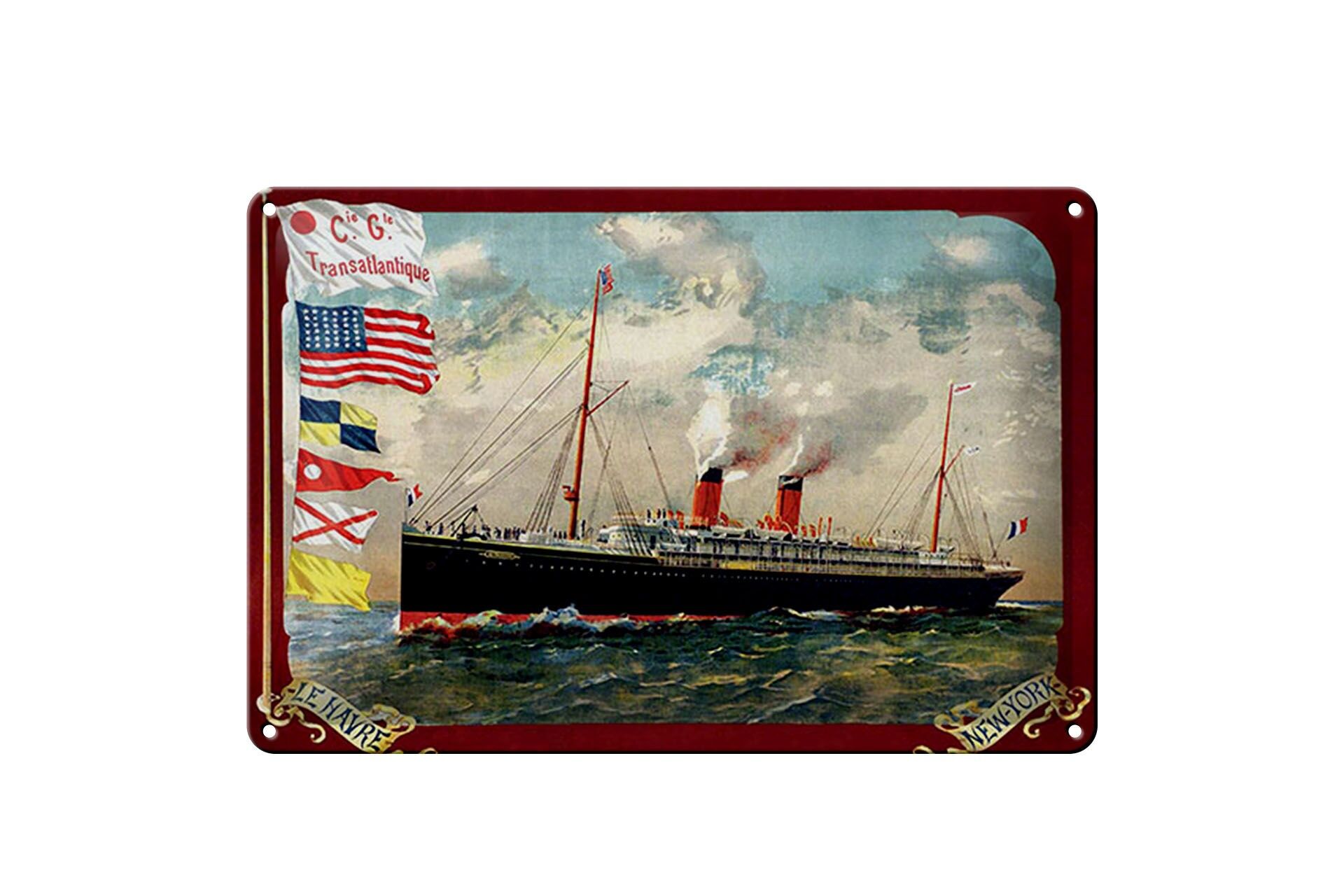 Insegna da viaggio in metallo, 20x30 cm, raffigurante una nave da crociera/piroscafo di New York in mare.