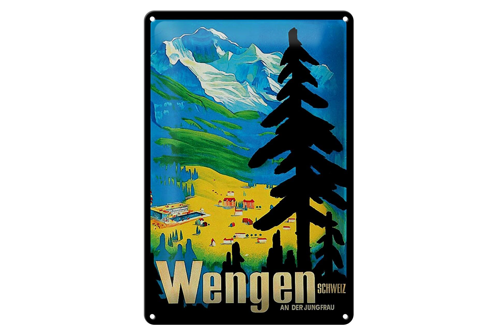 Insegna in metallo, viaggio, 20x30 cm, Wengen an der Jungfrau, Svizzera, montagne, valle, insegna decorativa