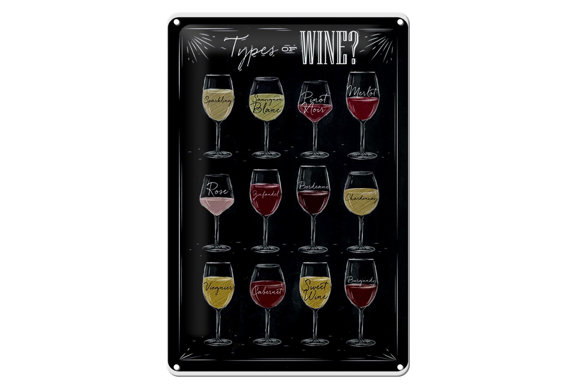 Blechschild Alkohol 20x30 cm Types of Wine 12 Weingläsern Deko Schild