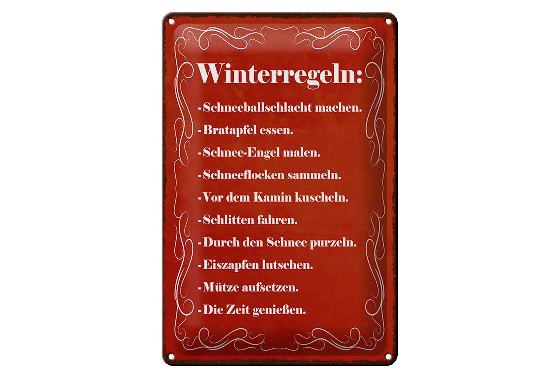 Blechschild Spruch 20x30 cm Winterregeln rotes Deko Schild