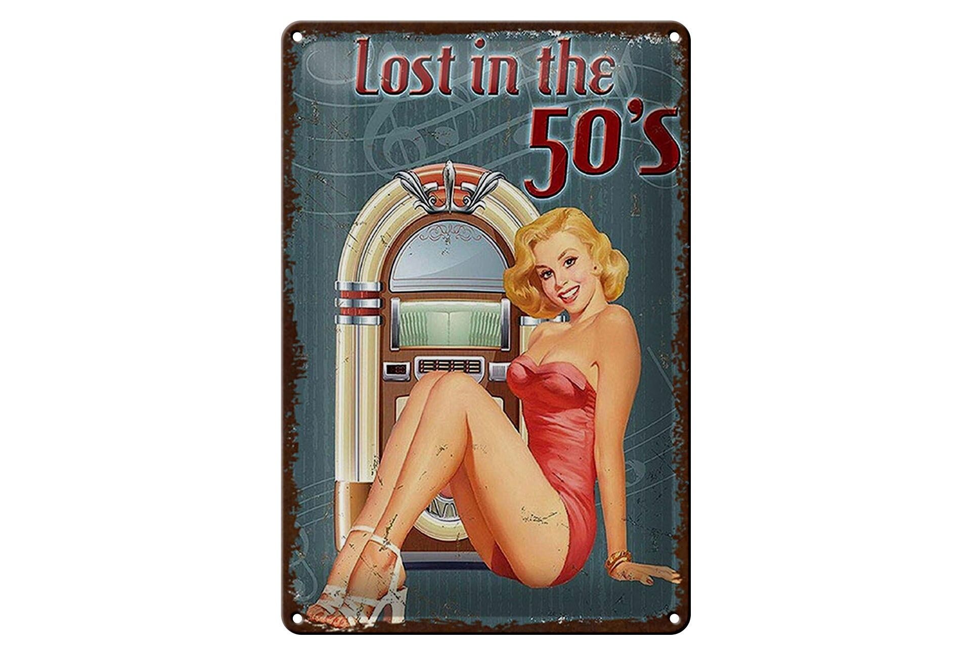 Blechschild Retro 20x30 cm Lost in the 50 s Frau mit Jutebox Deko Schild