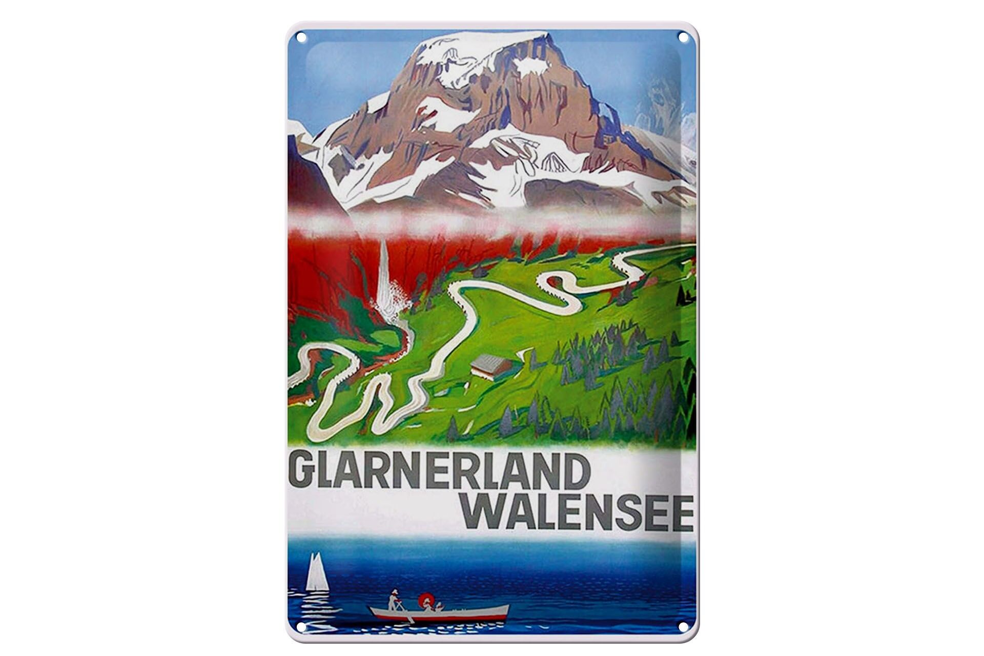 Blechschild Reise 20x30 cm Glarnerland Walensee Berge Tal Deko Schild