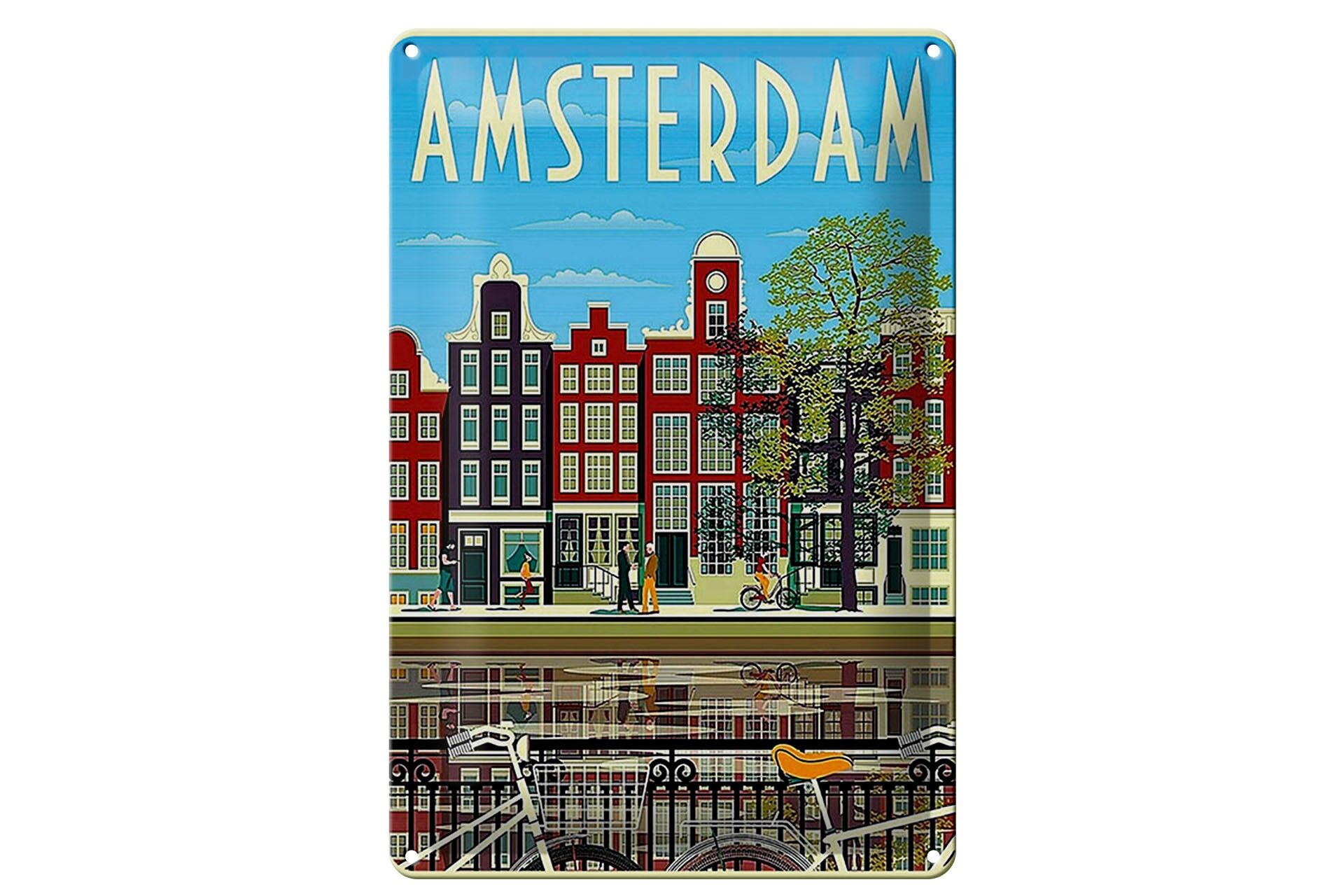 Blechschild Reise 20x30 cm Amsterdam Holland Fahrräder Häuser Deko Schild