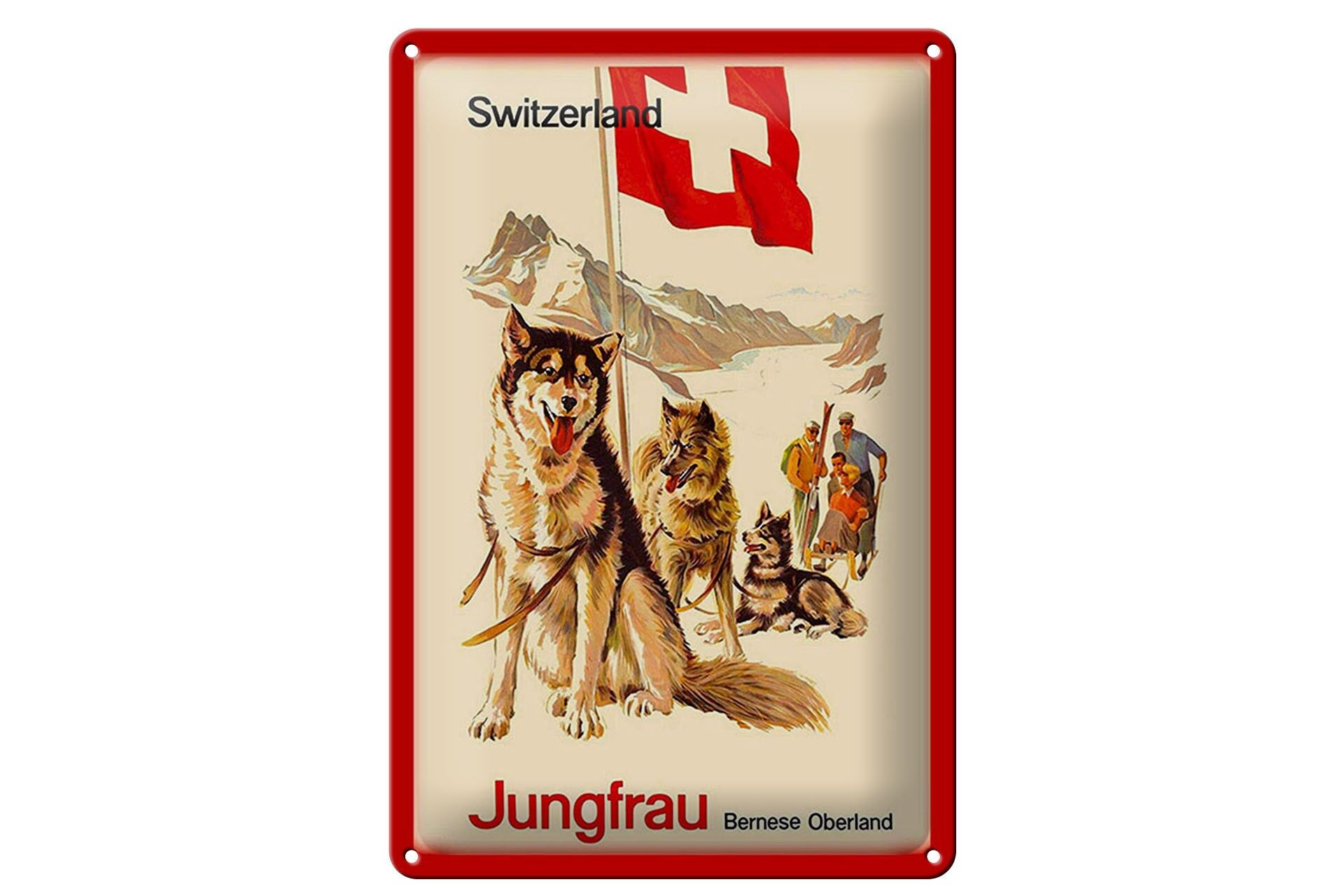 Blechschild Reise 20x30 cm Schweiz Jungfrau Bernese Oberland Hund Deko Schild